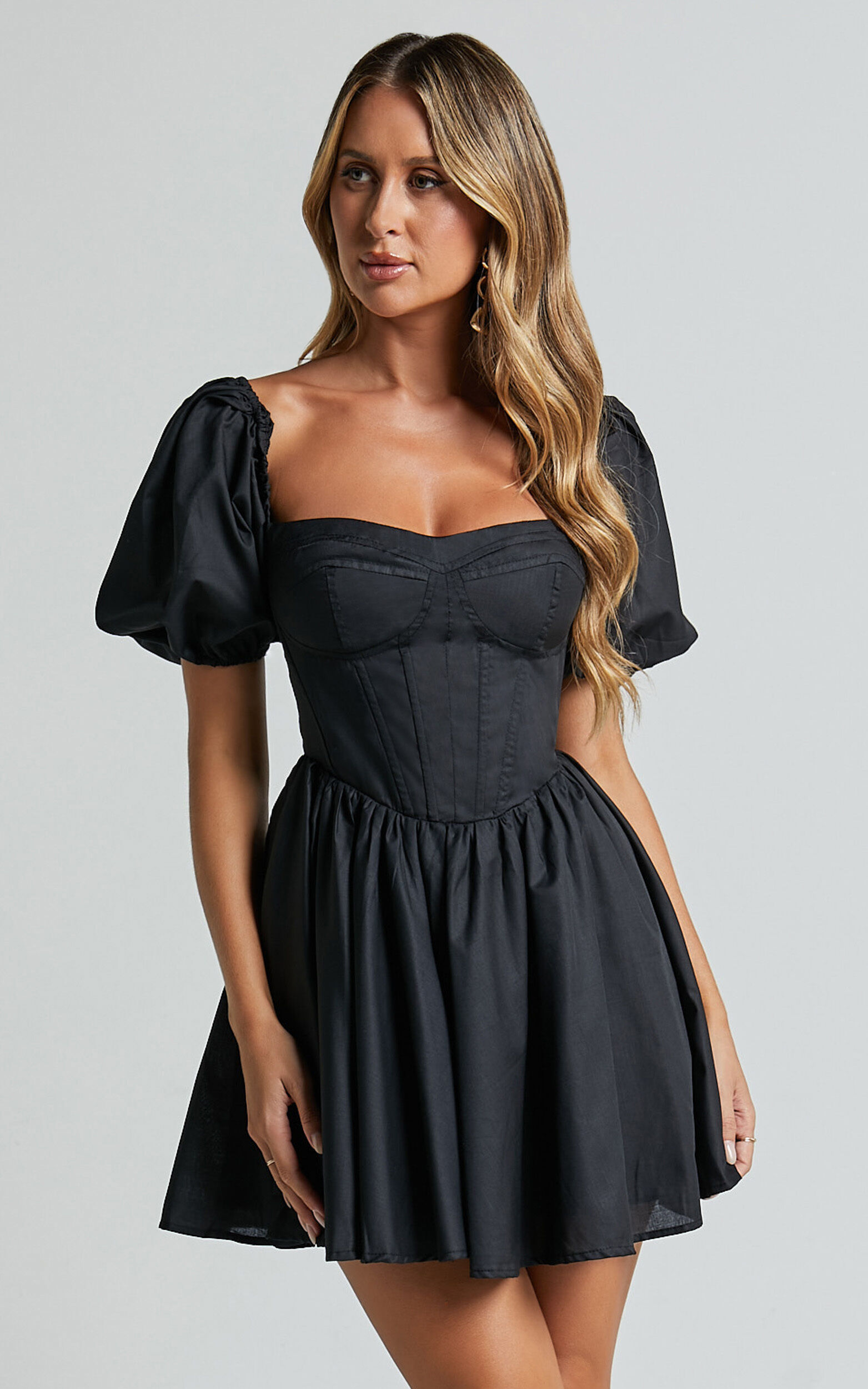 Souza Mini Dress - Fit and Flare Puff Sleeve Corset Dress in Black