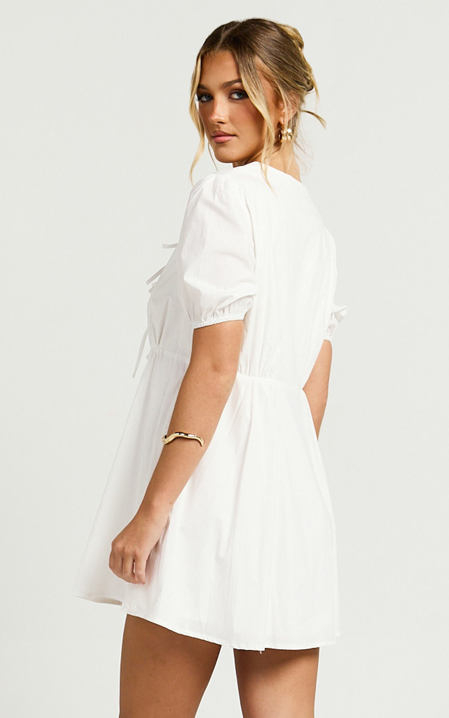 Hattie Mini Dress - Tie Front Puff Sleeve Dress in White
