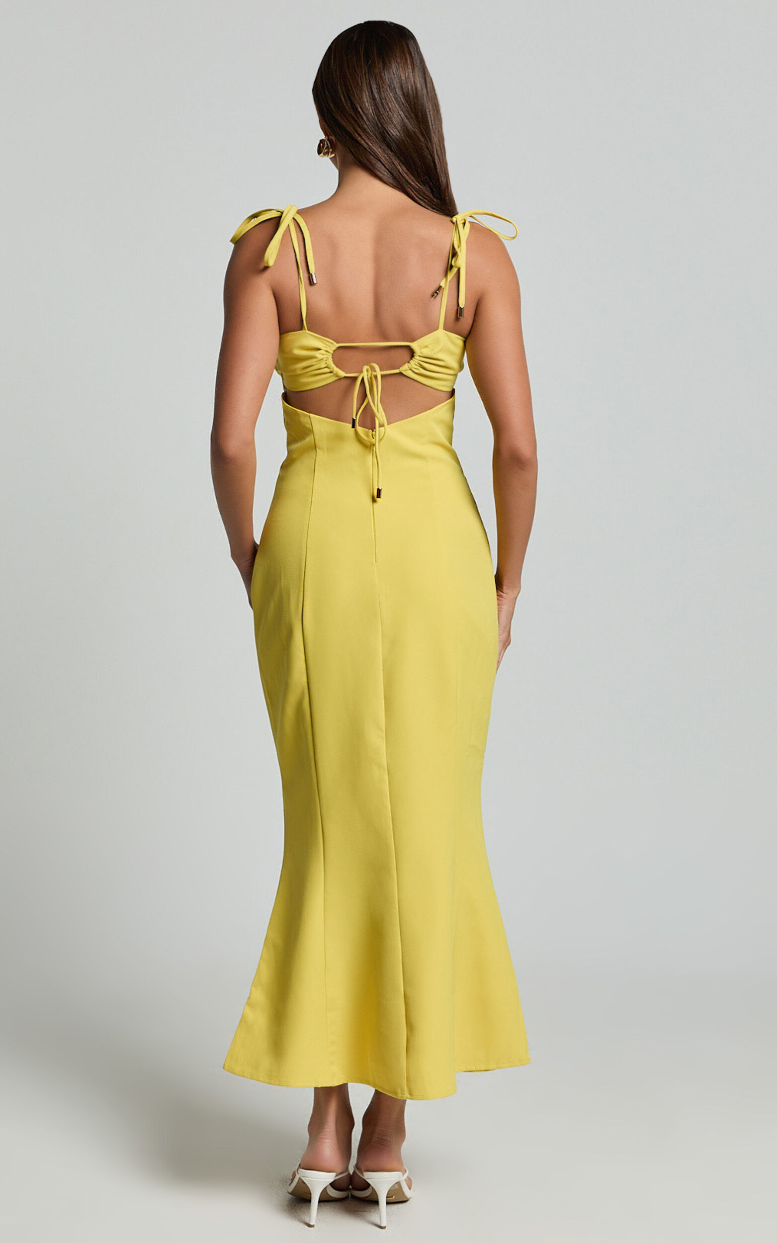 Karina Midi Dress - Ruched Bust Tie Shoulder Fit and Flare Dress in Lemon
