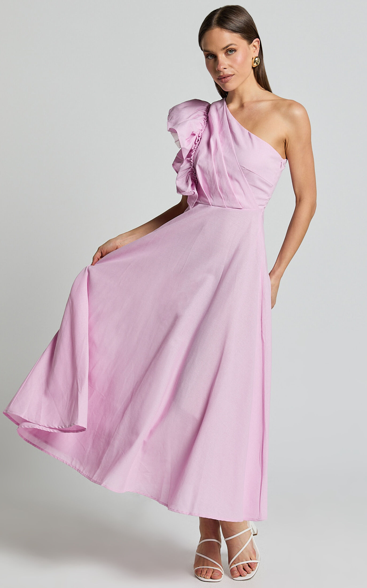 Dixie Midi Dress - Linen Look One Shoulder Ruffle Dress in Pink