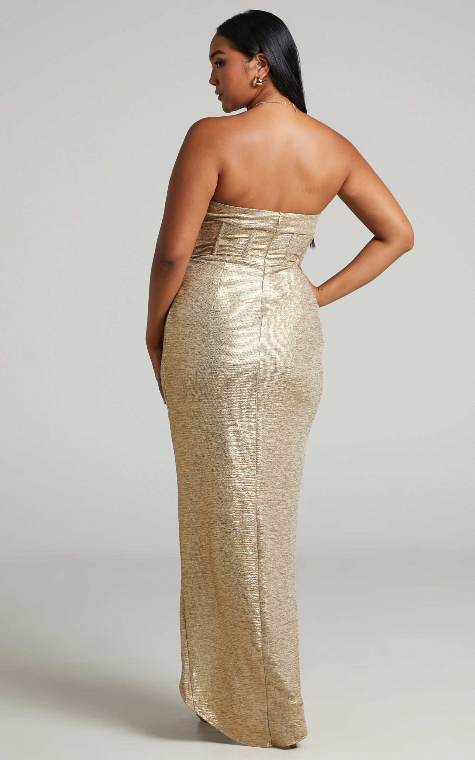 Adrie Midi Dress - Strapless Corset Bodice Dress in Gold