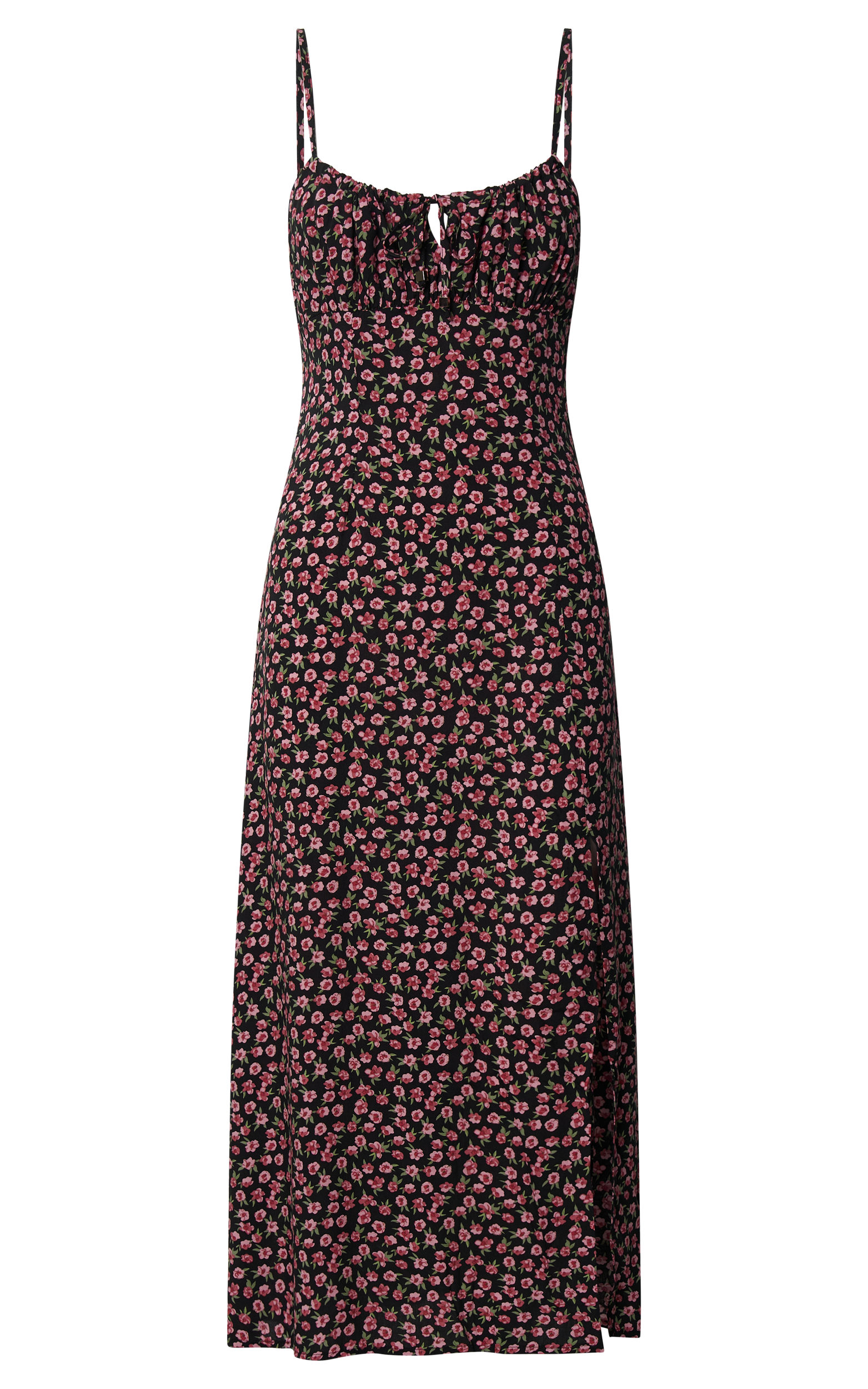 Willa Midi Dress - Ruched Bust Thigh Split Dress in Black Floral