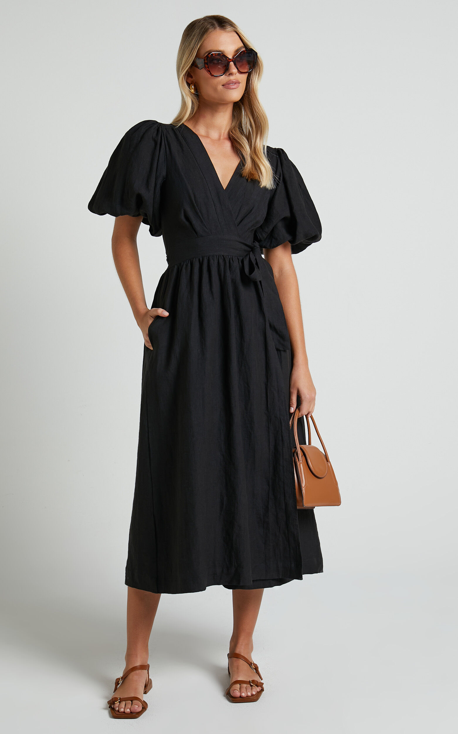 Amalie The Label - Franc Linen Puff Sleeve Wrap Midi Linen Dress in Black