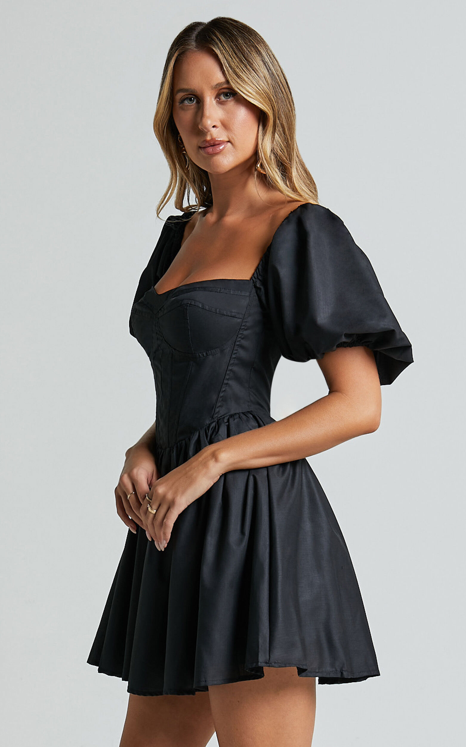 Souza Mini Dress - Fit and Flare Puff Sleeve Corset Dress in Black