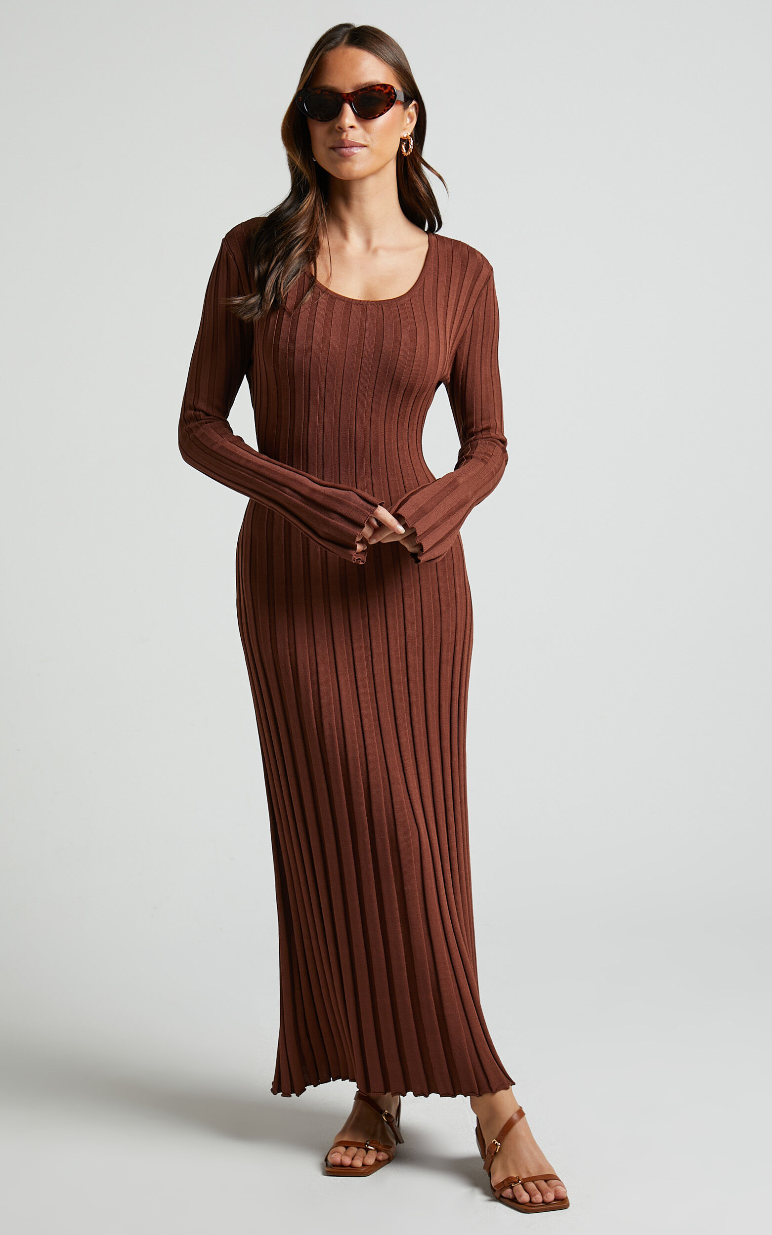 Blaire Midi Dress - Long Sleeve Tie Back Flare Dress in Chocolate