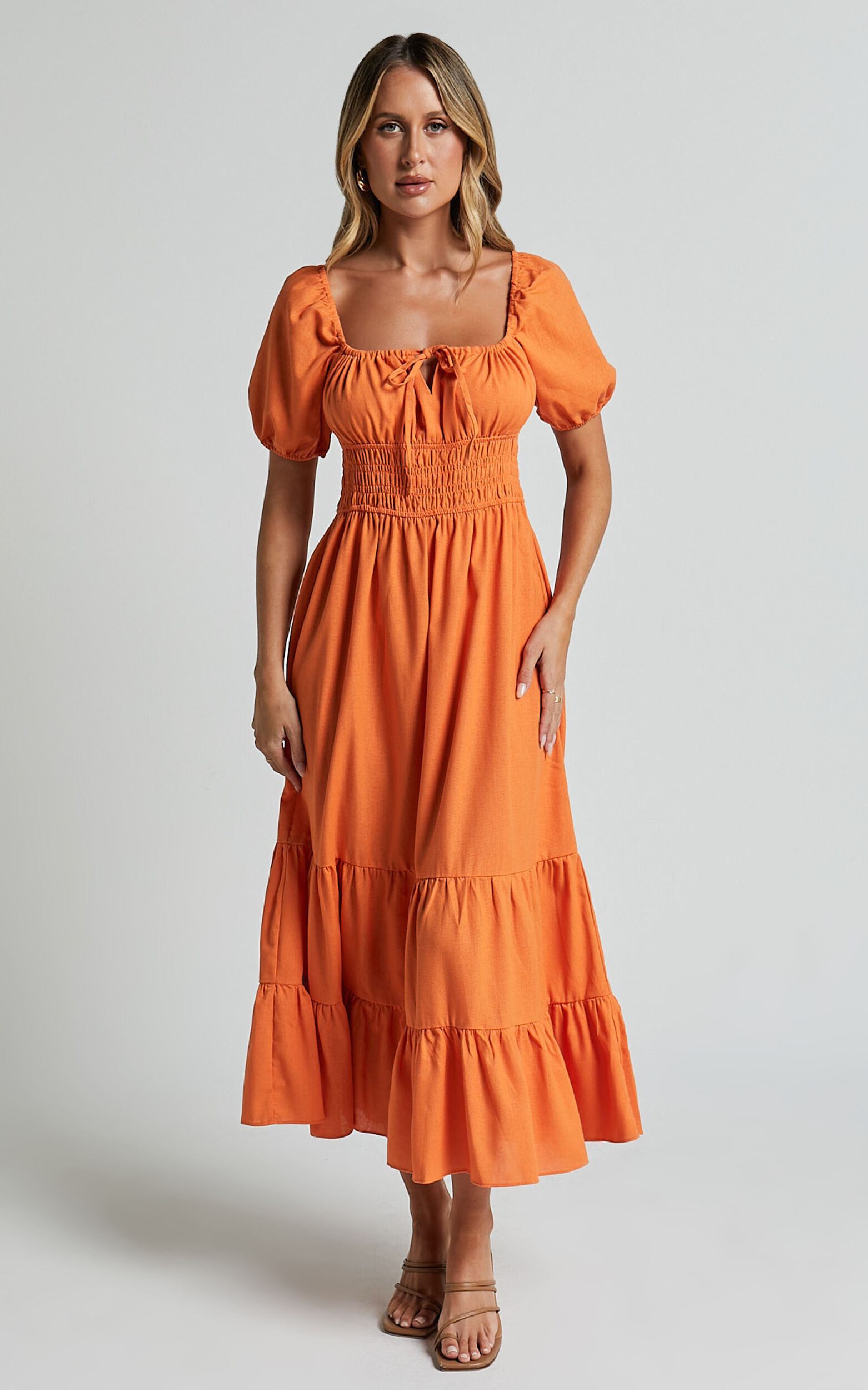 Claritza Midi Dress - Linen Look Short Puff Sleeve Square Neck Tiered Dress in Sherbert