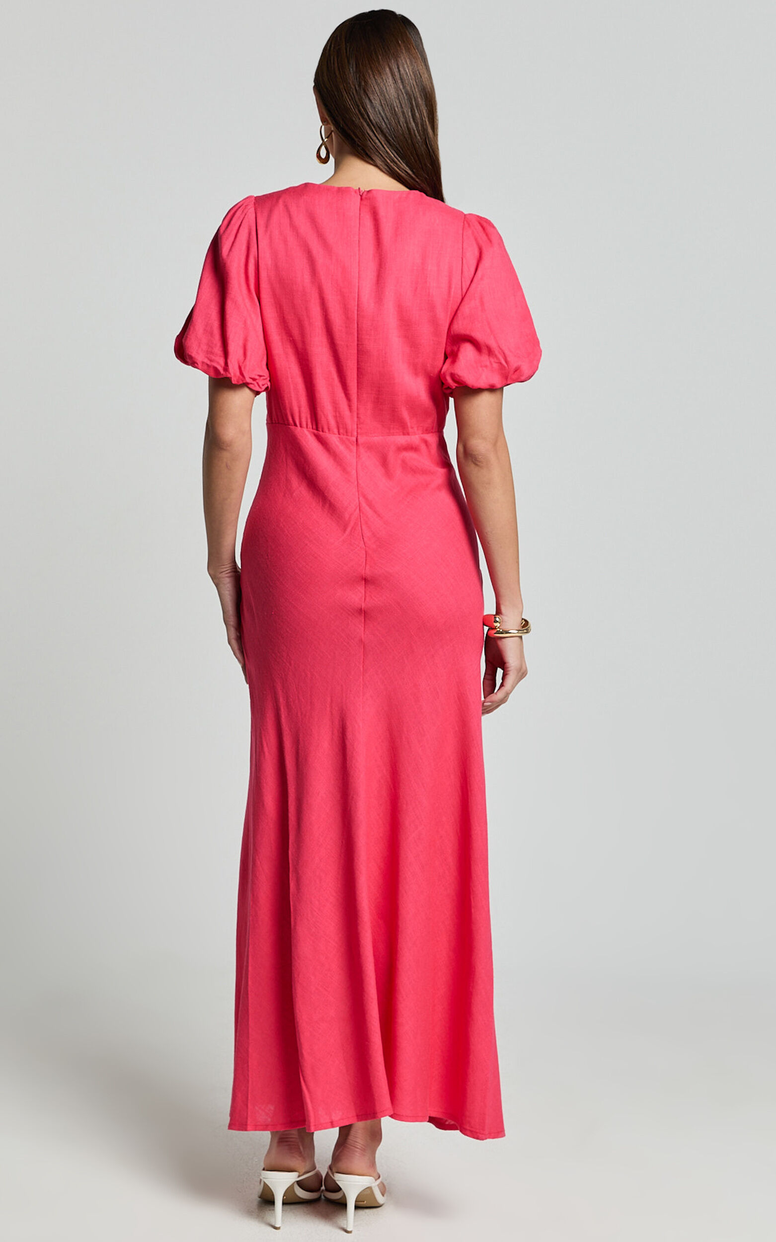 Celeste Midi Dress - Plunge Neck Short Puff Sleeve Linen Blend Dress in Berry