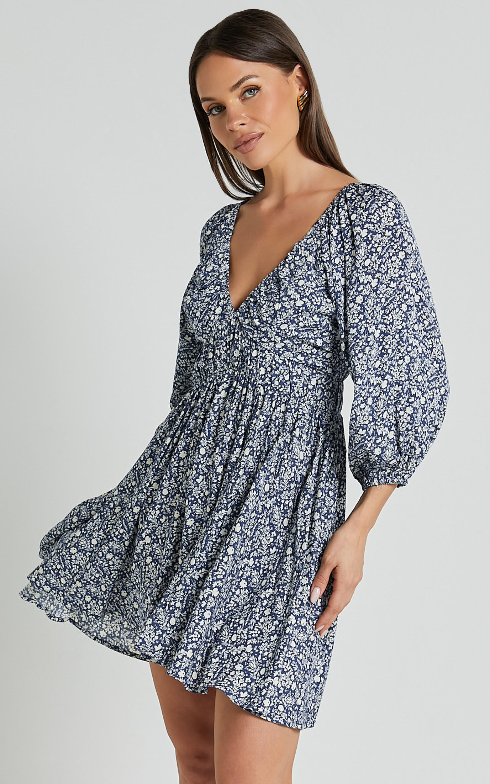 Chereena Mini Dress - Plunge Neck Raglan 3/4 Sleeve Smock Dress in Blue Floral
