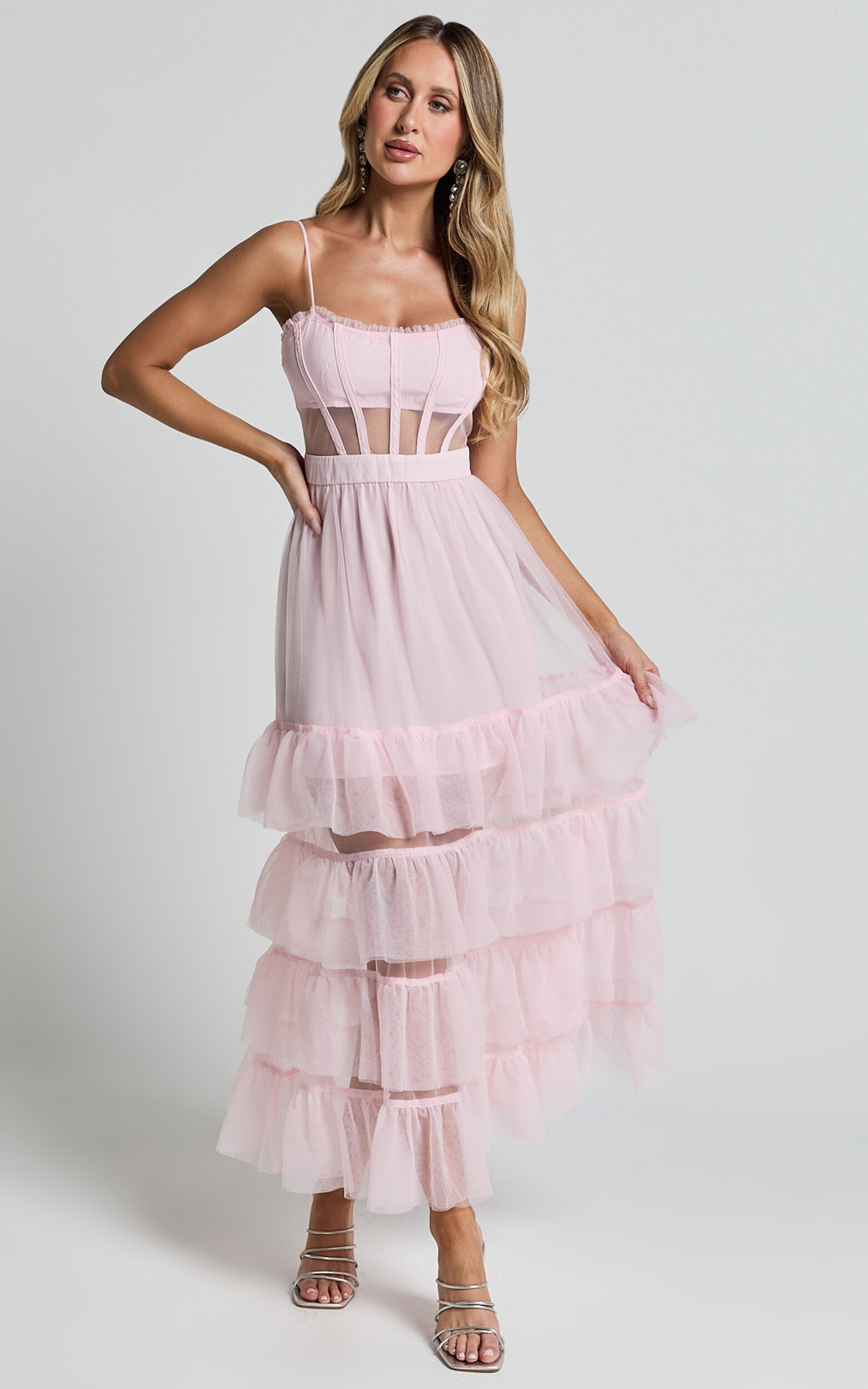 Evelynn Midi Dress - Sweetheart Corset Bodice Fit & Flare Tiered in Ballet Pink