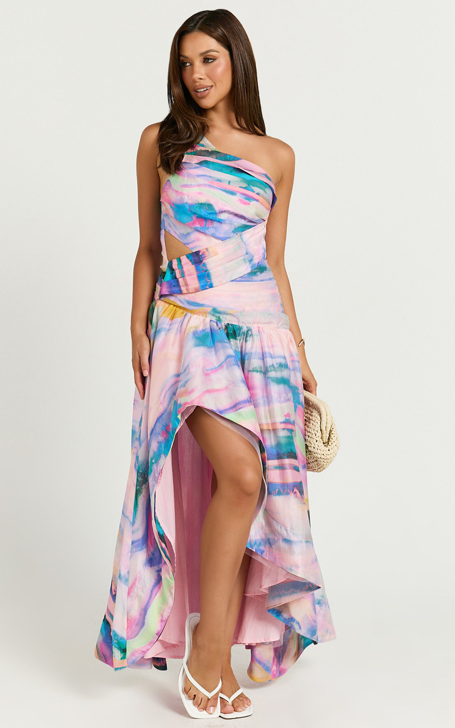 Amalie The Label - Keziah One Shoulder Asymmetric Midi Dress in Abstract Sunset Print