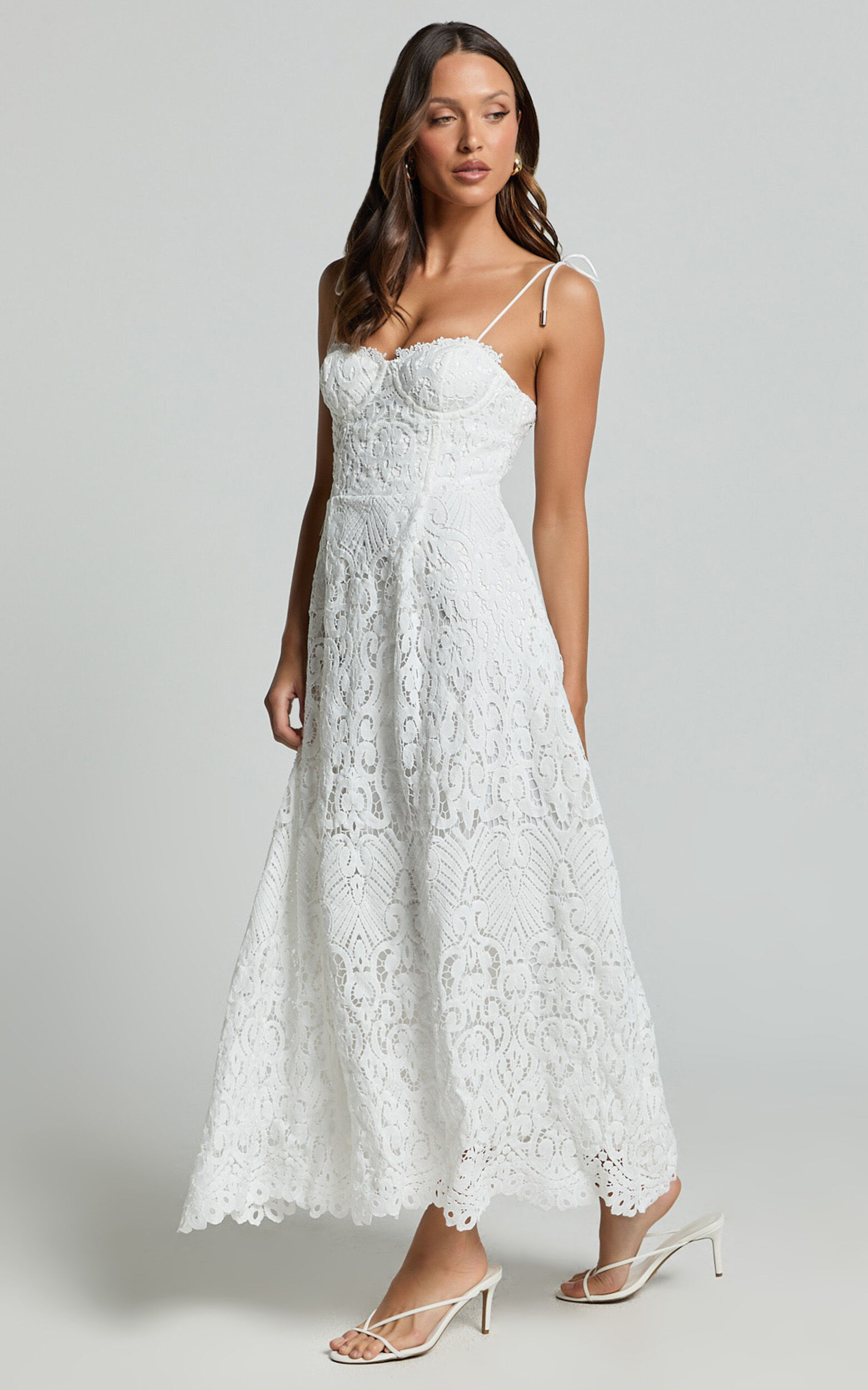 Leanne Midi Dress - Tie Shoulder Corset Lace Dress in White