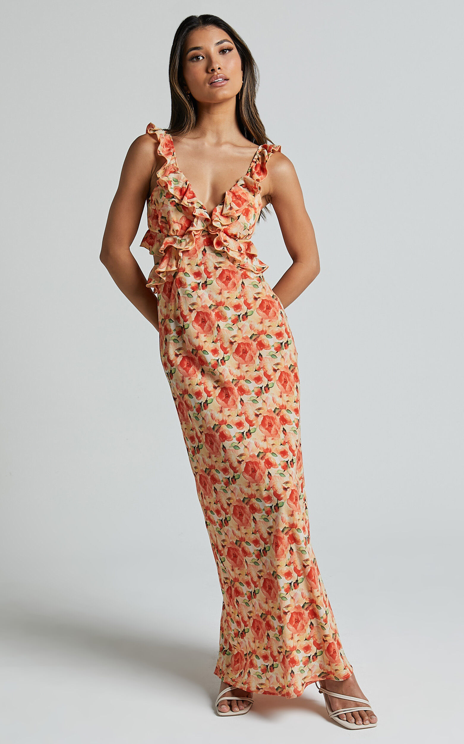 Alessa Maxi Dress - V Neck Frill Detail Empire Waist Back Cut Out Dress in Peach Floral