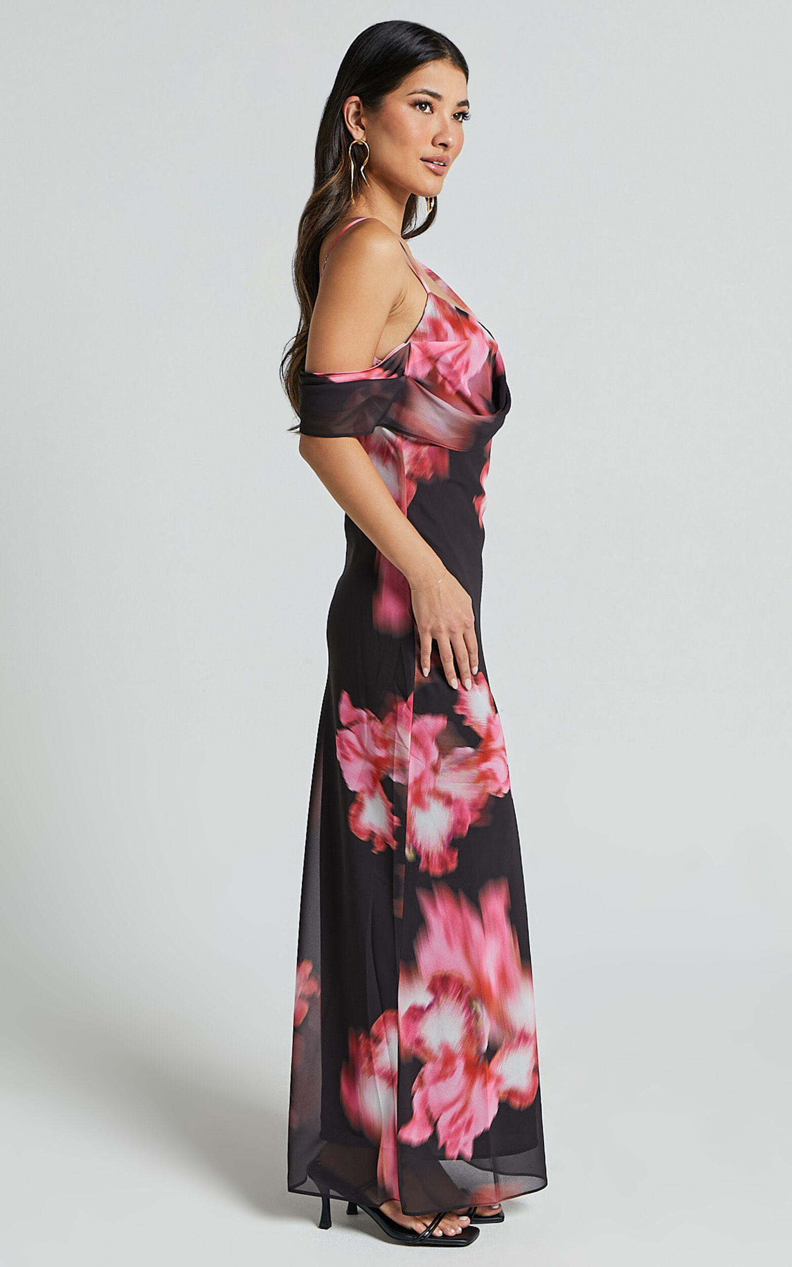 Jeanie Maxi Dress - Cowl Neck One Shoulder Slip Dress in Daze Print