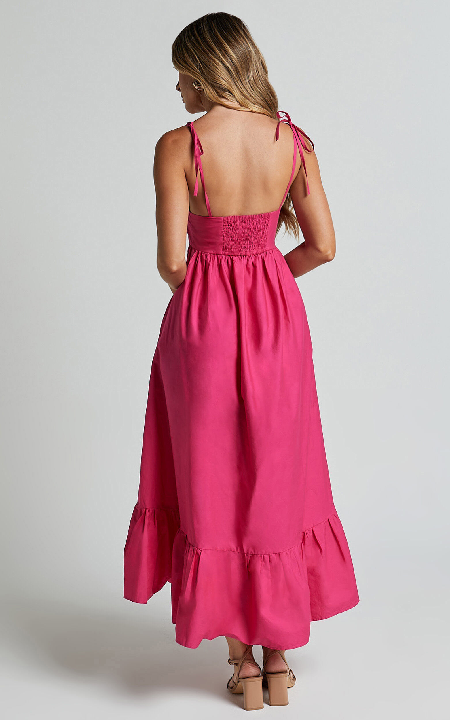 Aveiro Midi Dress - Straight Neck Shoulder Tie High Low Ruffle Hem in Raspberry