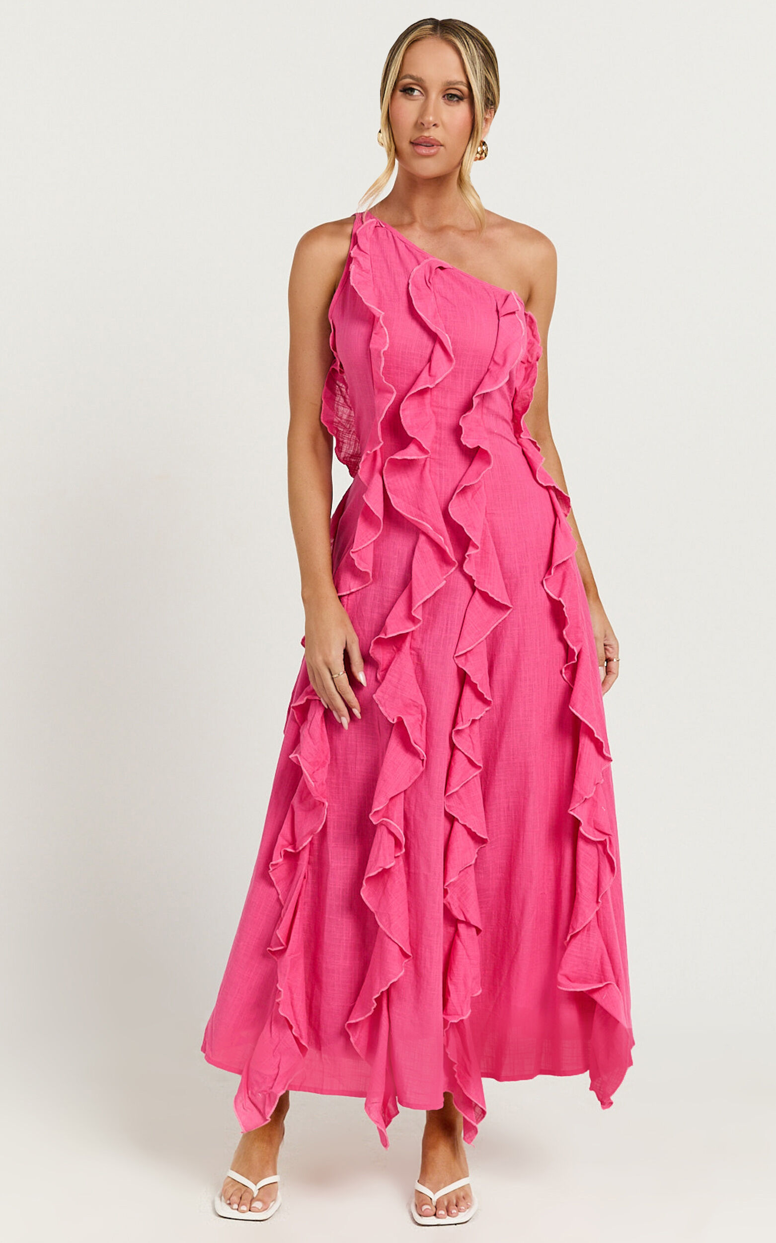 Britney Maxi Linen Dress - One Shoulder Ruffle Detail Dress in Pink
