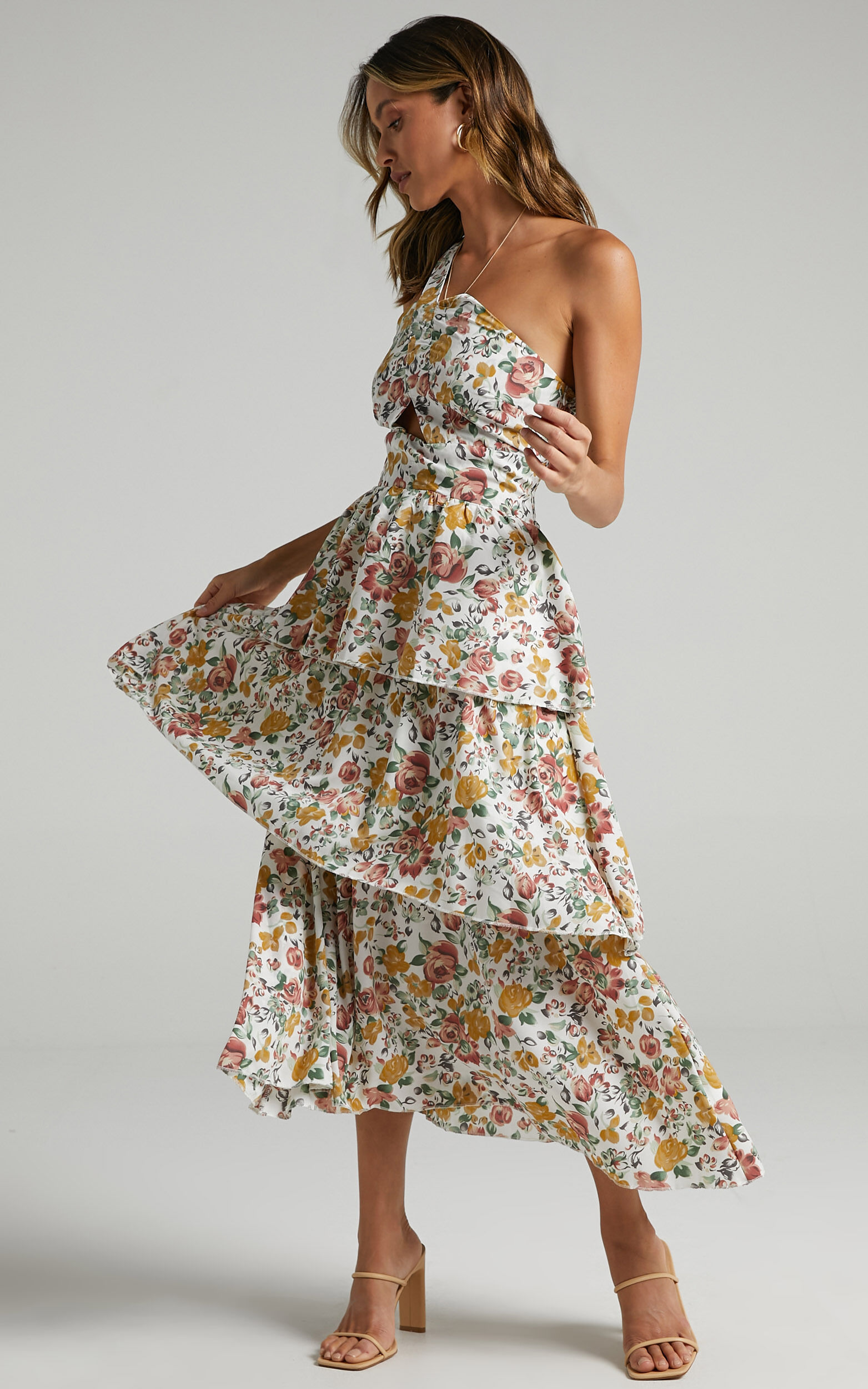 Caro Midi Dress - One Shoulder Tiered Dress in Multi Floral
