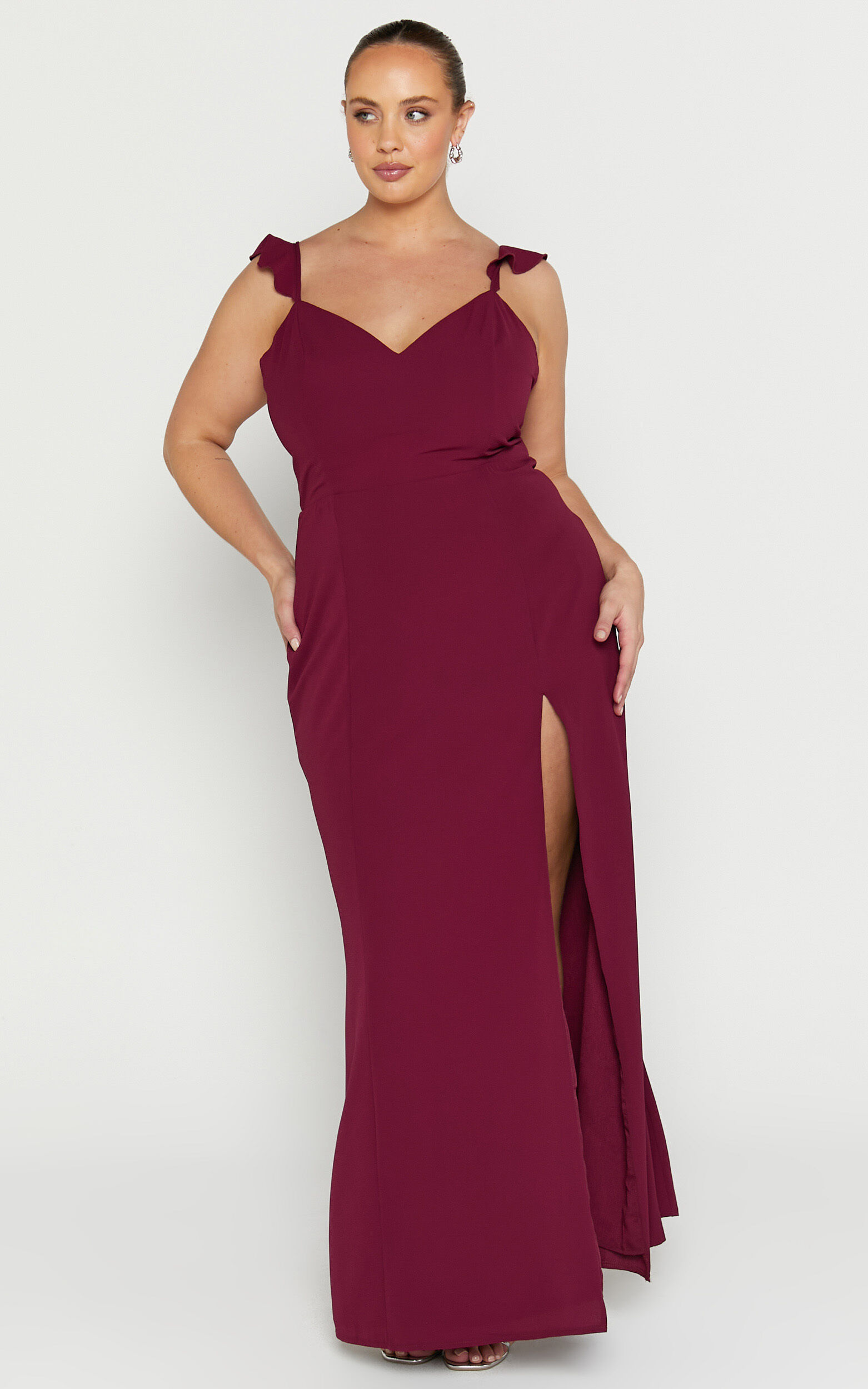 More Than This Maxi Dress - Ruffle Strap Thigh Split Dress in Wine