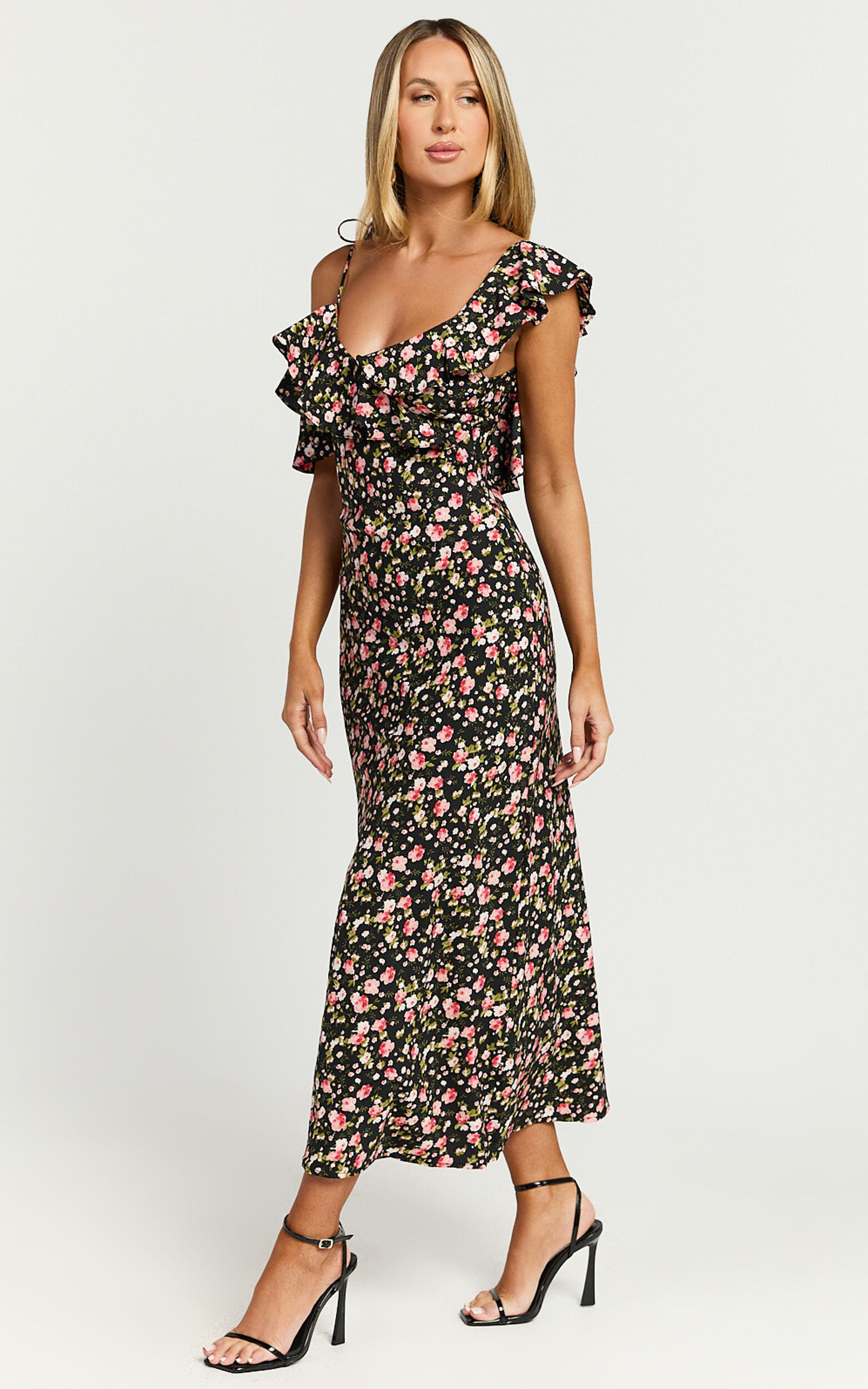 Giulia Midi Dress - One Shoulder Frill Detail Dress in Black Floral