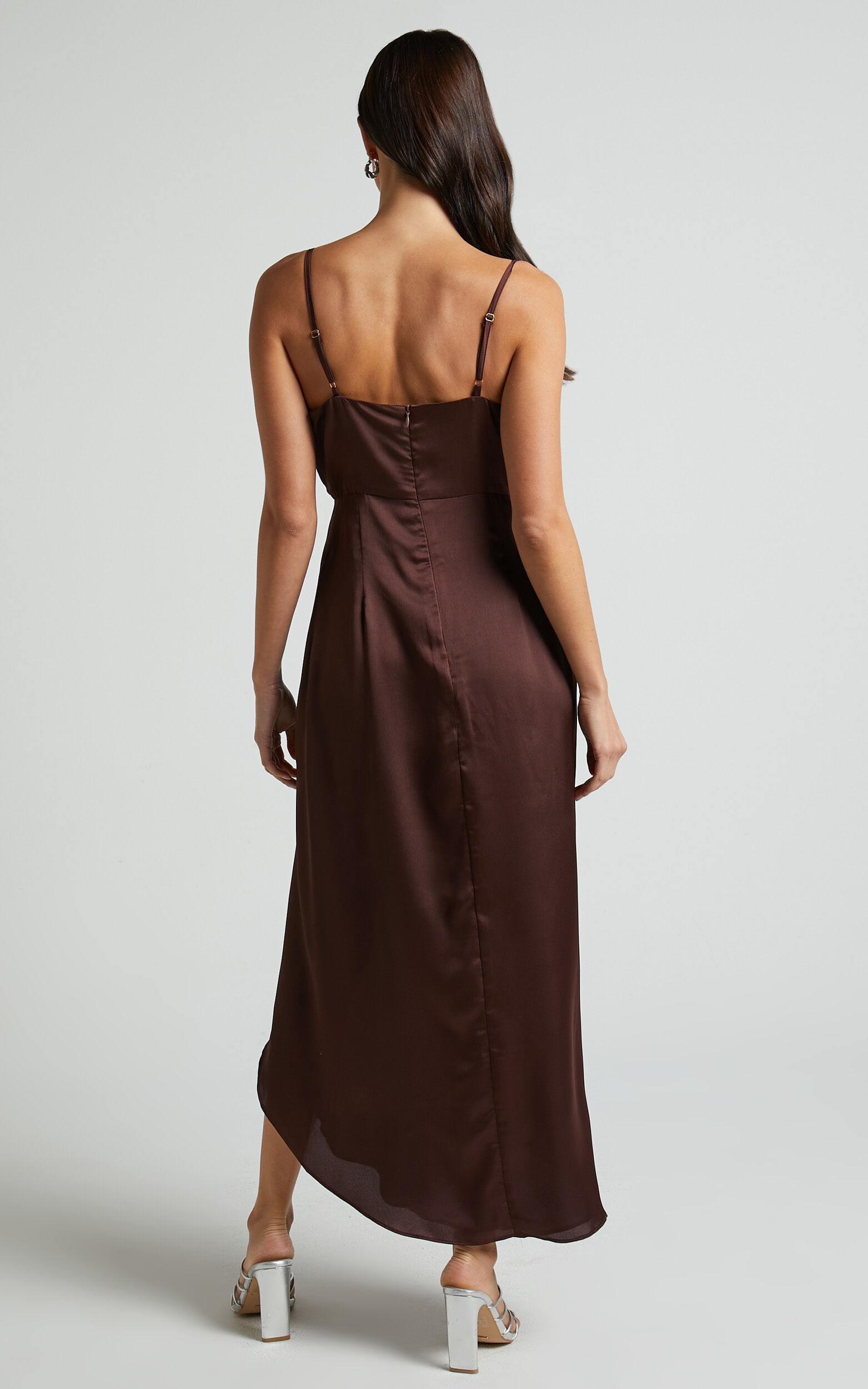Katie Midi Dress - V Neck Tie Front Detail Dress in Chocolate