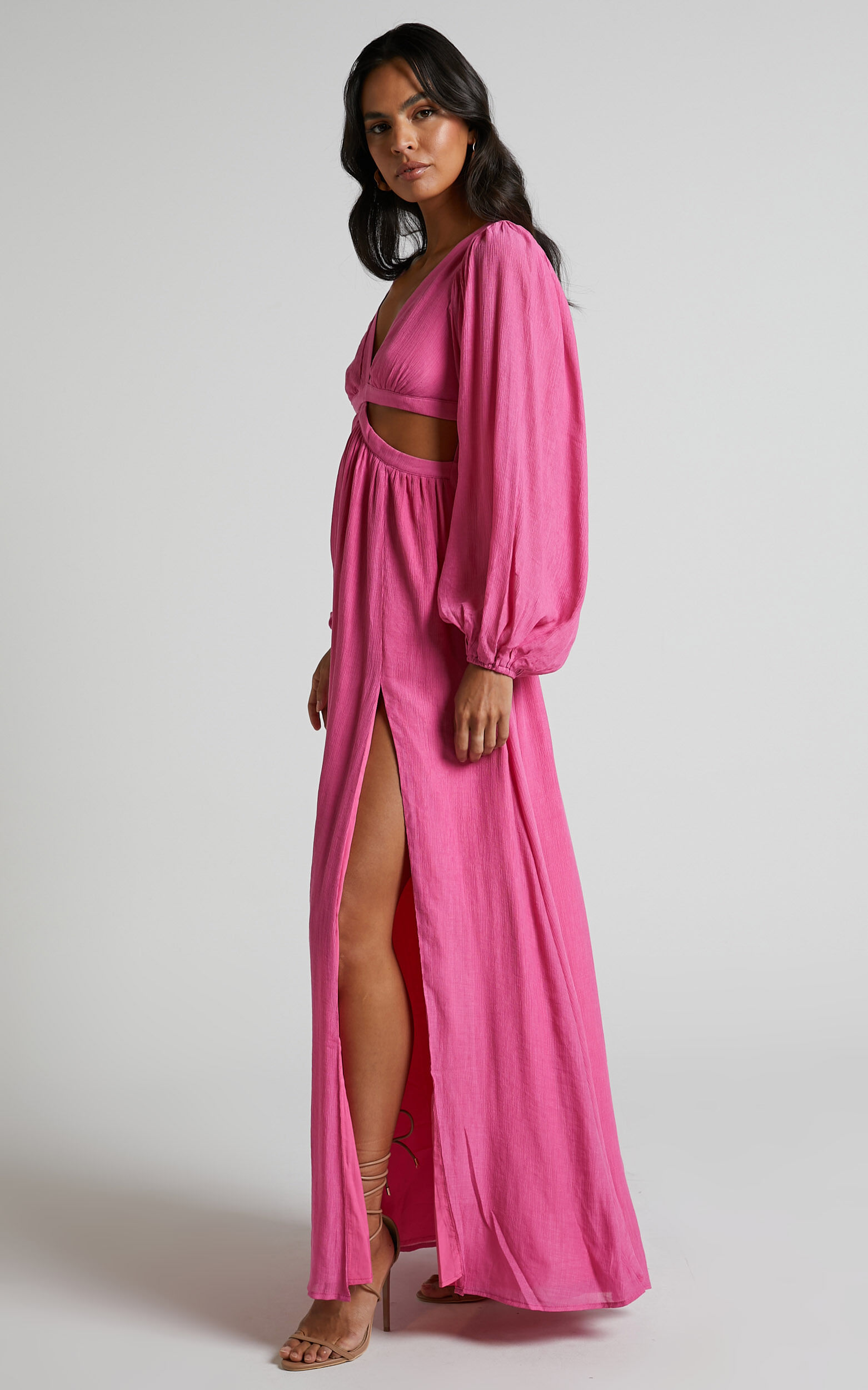 Paige Maxi Dress - Side Cut Out Balloon Sleeve Dress in Pink