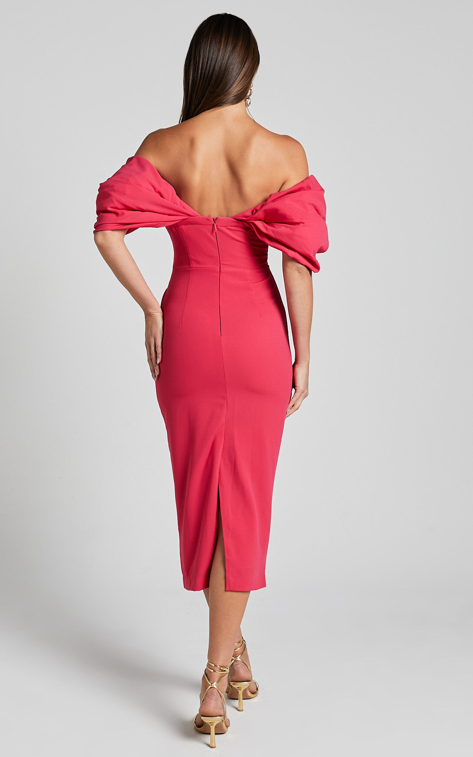 Lohan Midi Dress - Off Shoulder Puff Sleeve in Berry