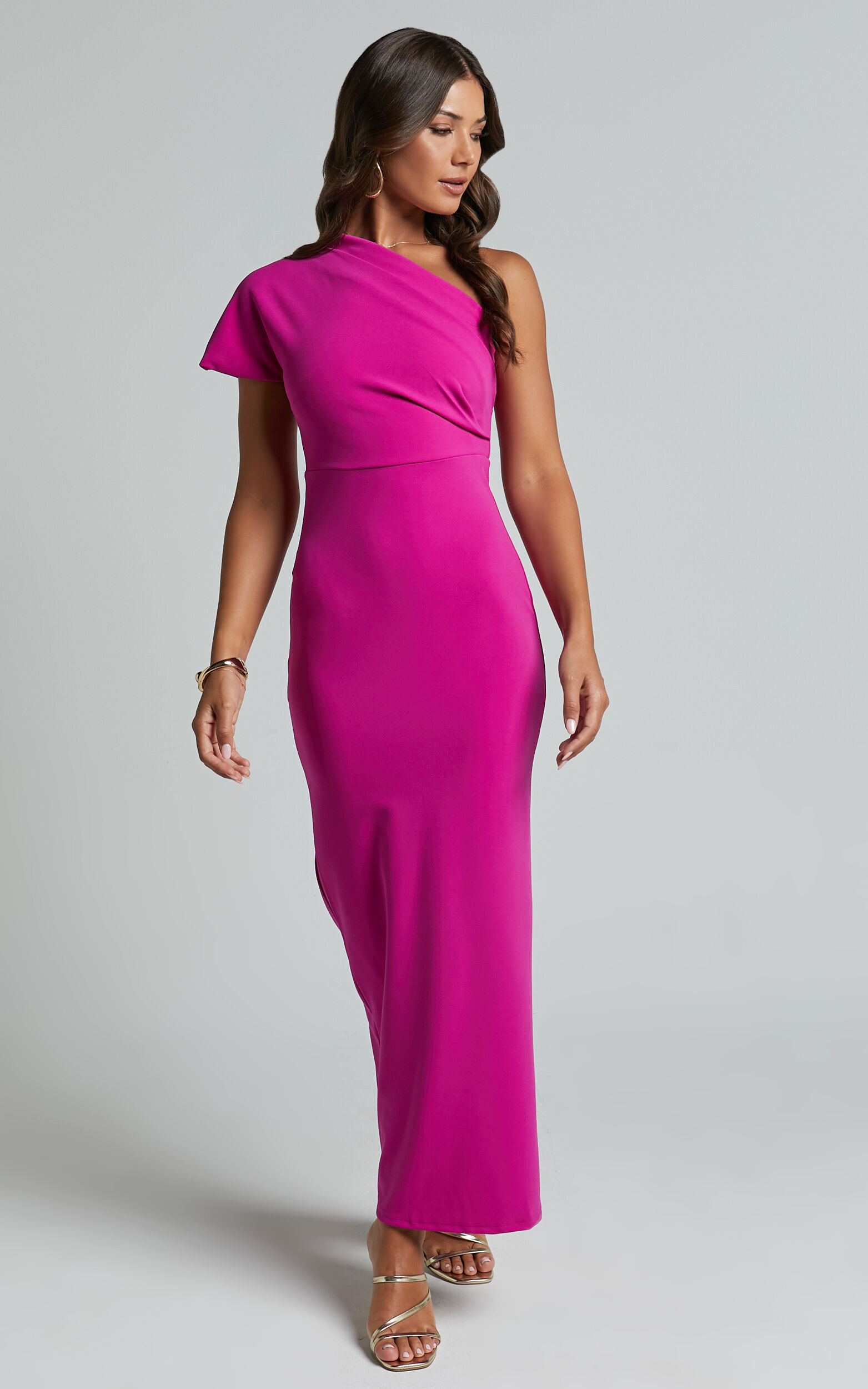 Gizelly Midi Dress - One Shoulder Ruched Dress in Grape