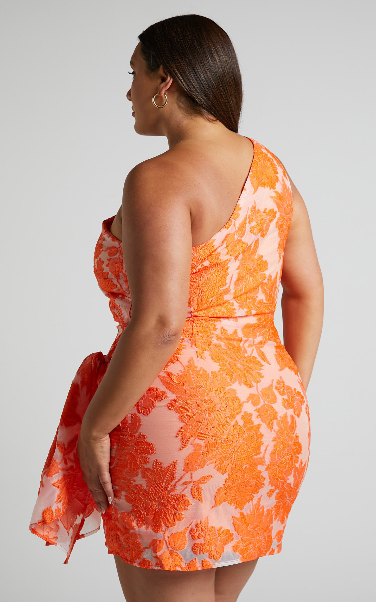 Brailey Mini Dress - One Shoulder Wrap Front Dress in Orange Jacquard