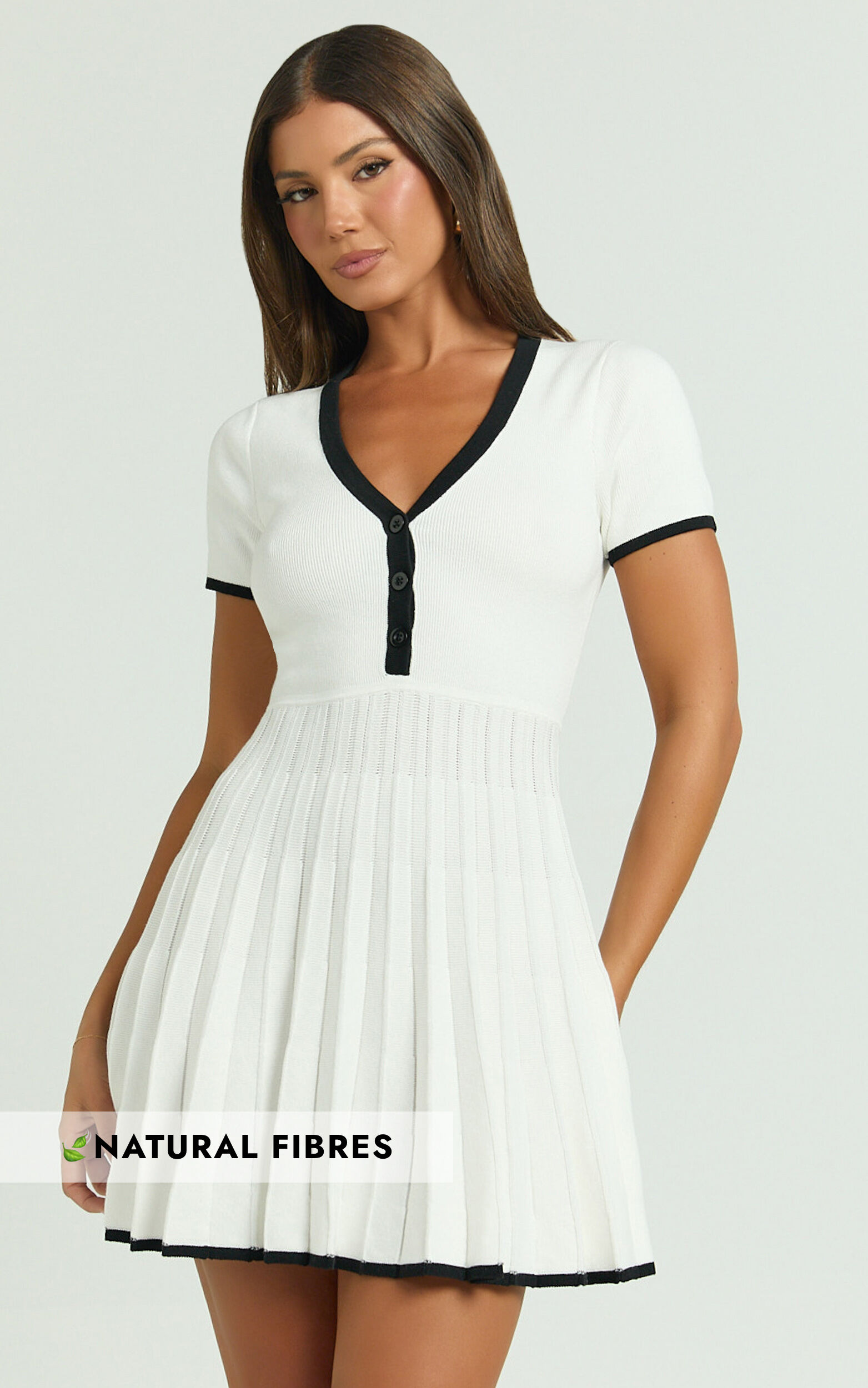 Vivienne Mini Dress - Short Sleeve Pleated Skirt Knitted Dress in Cream