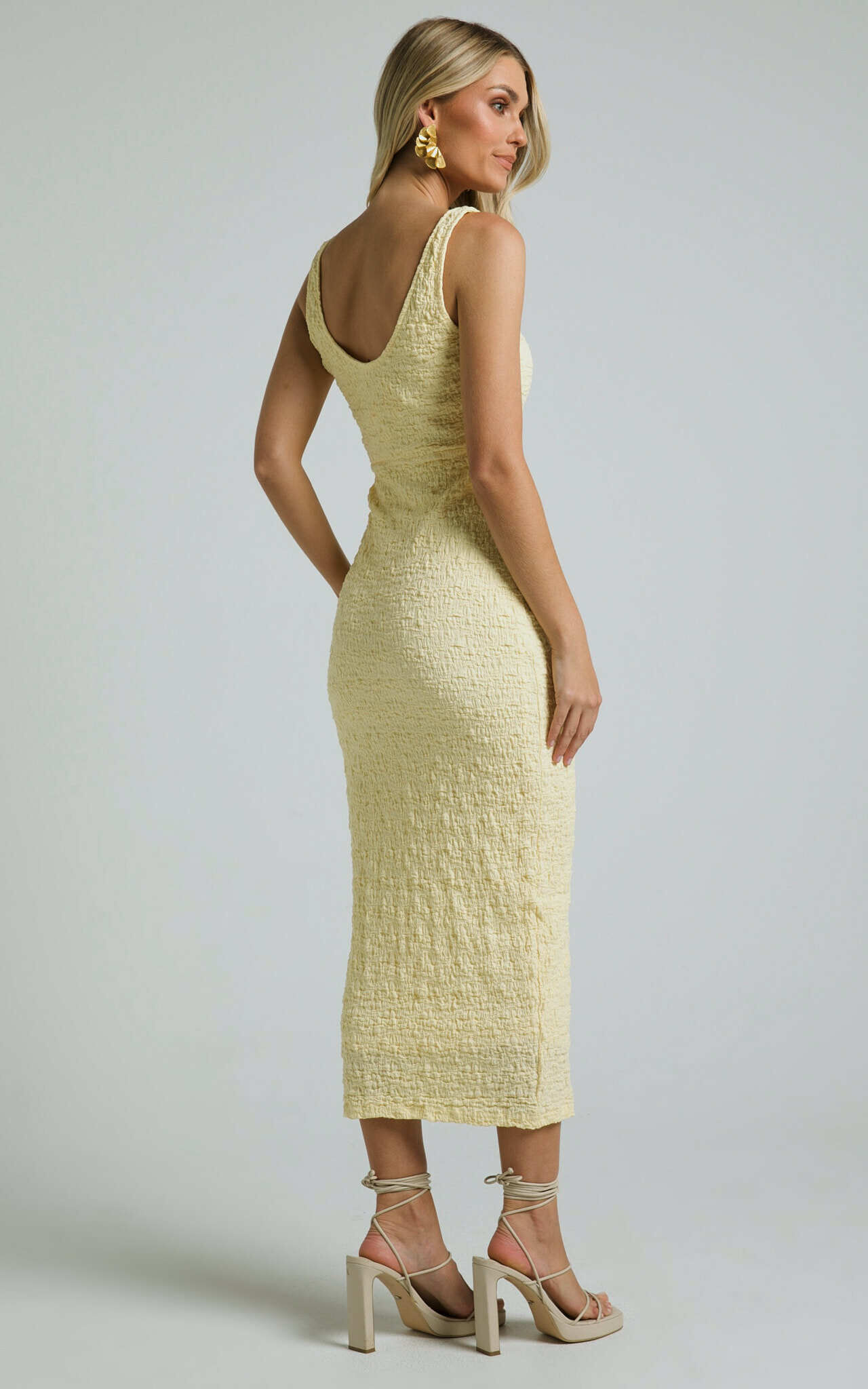 Novida Midi Dress - Textured Bodycon Dress in Butter Yellow