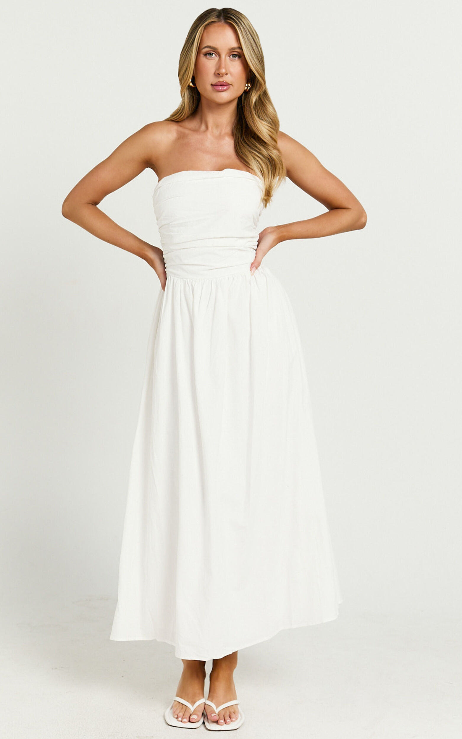 Polly Midi Dress - Strapless Ruched Dress in White