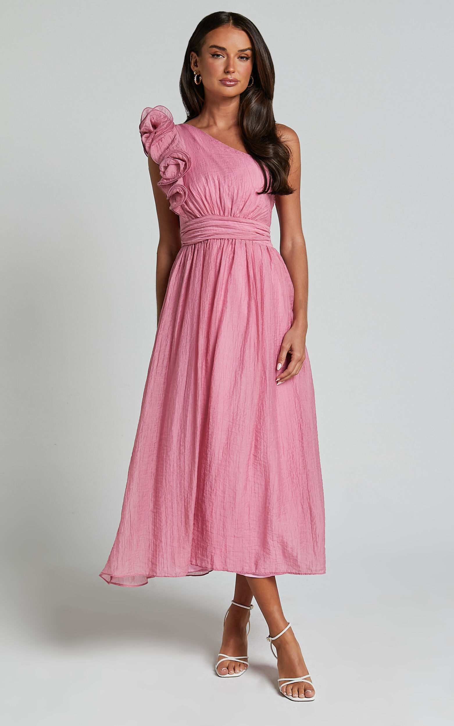 Dorothy Midi Dress - One Shoulder Frill Detail Fit and Flare Dress in Pink