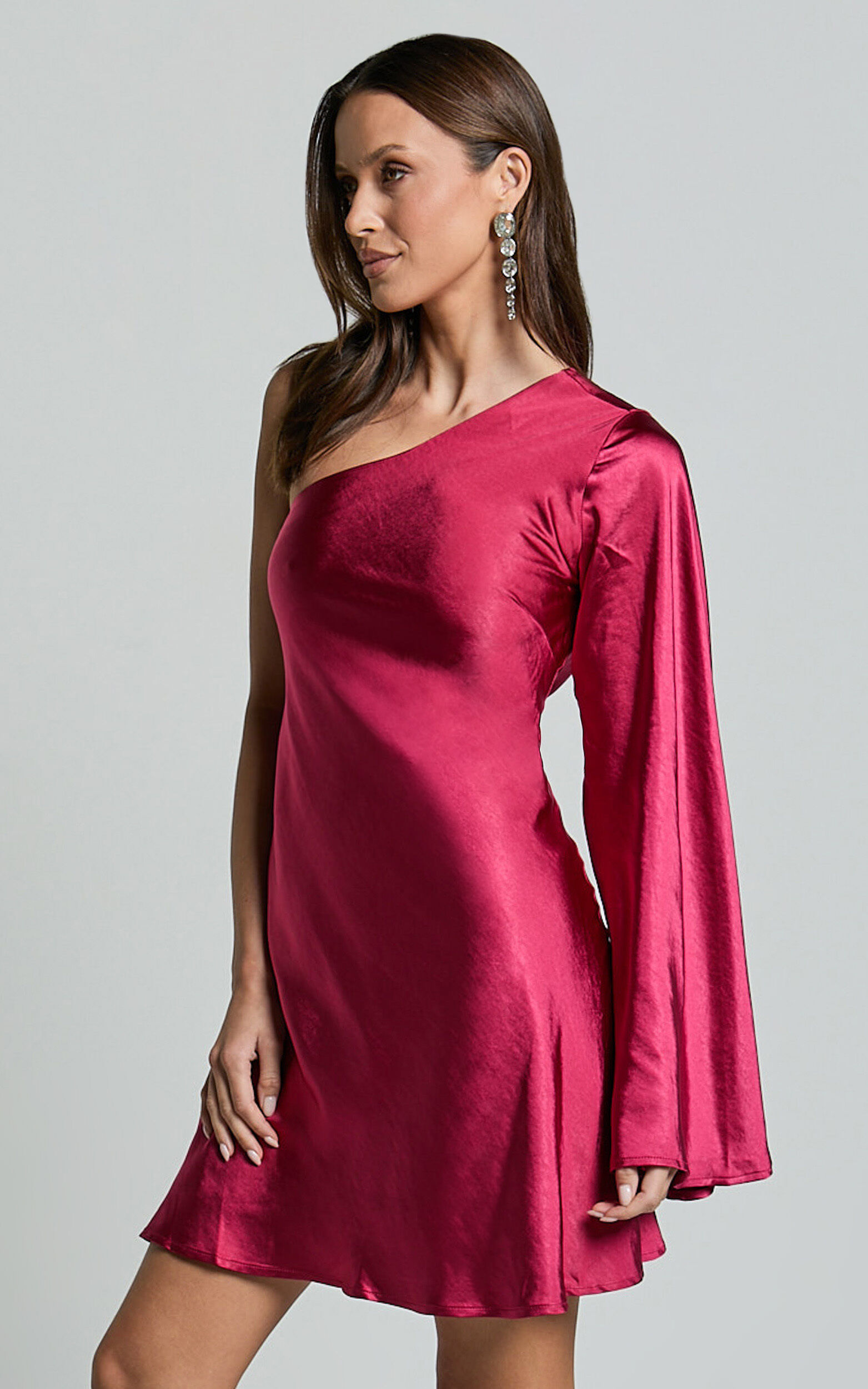 Karla Mini Dress - One Shoulder Long Sleeve Dress in Berry