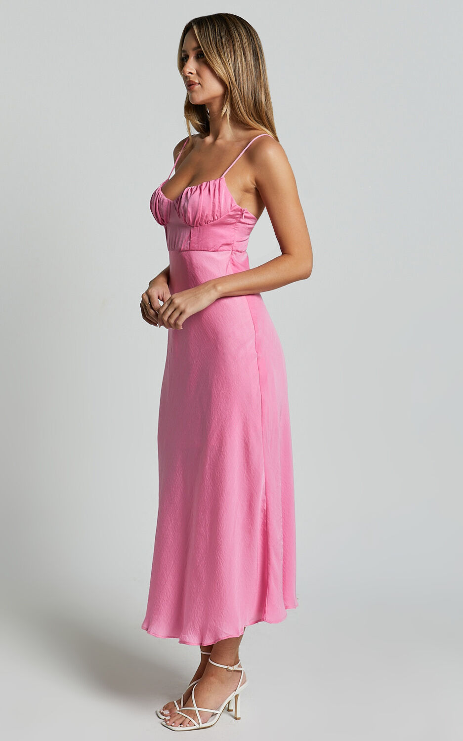 Krysta Midi Dress - Sweetheart Ruched Bust Slip Dress in Pink