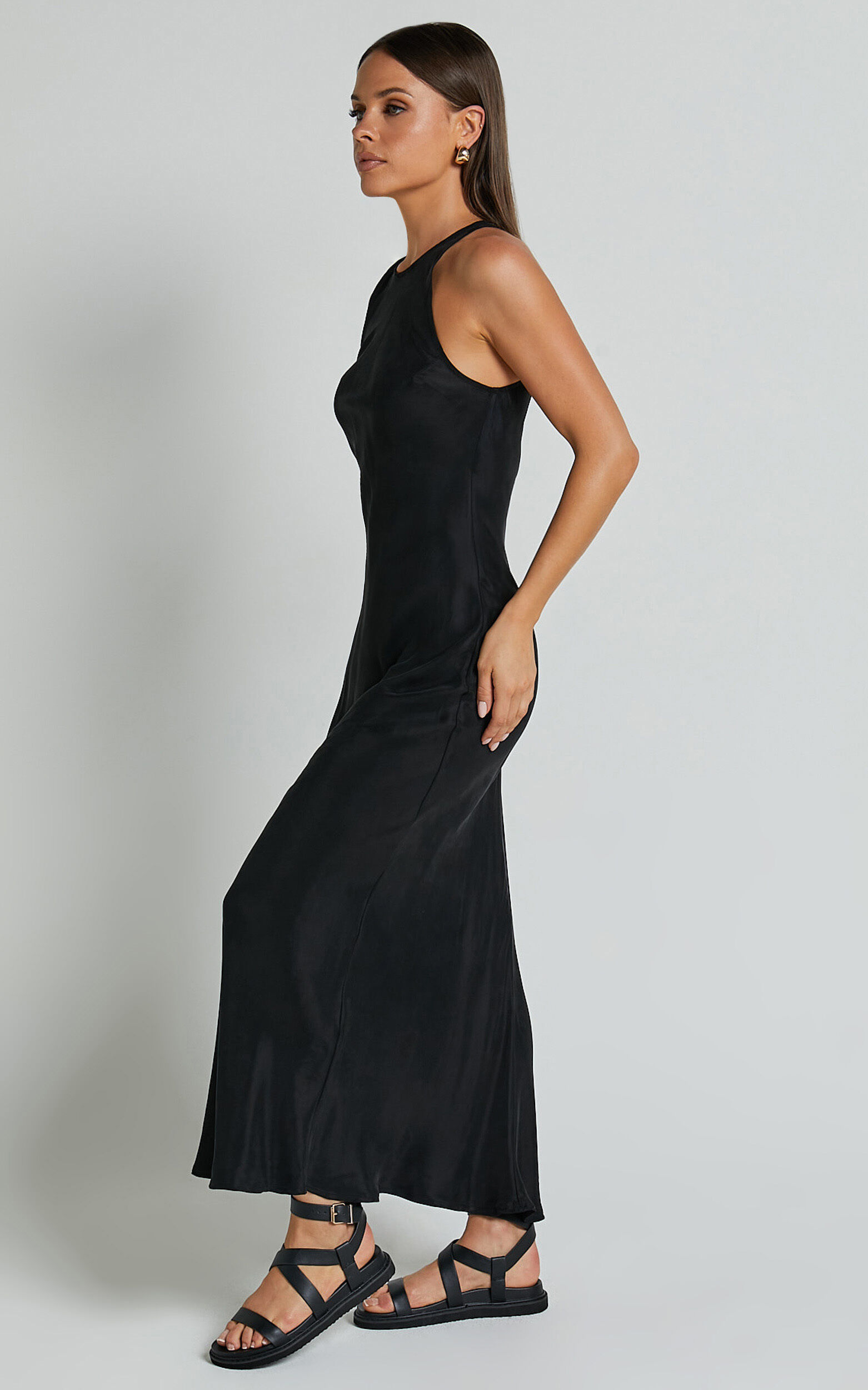 Irvine Midi Dress - Racer Neck Slip Dress in Black