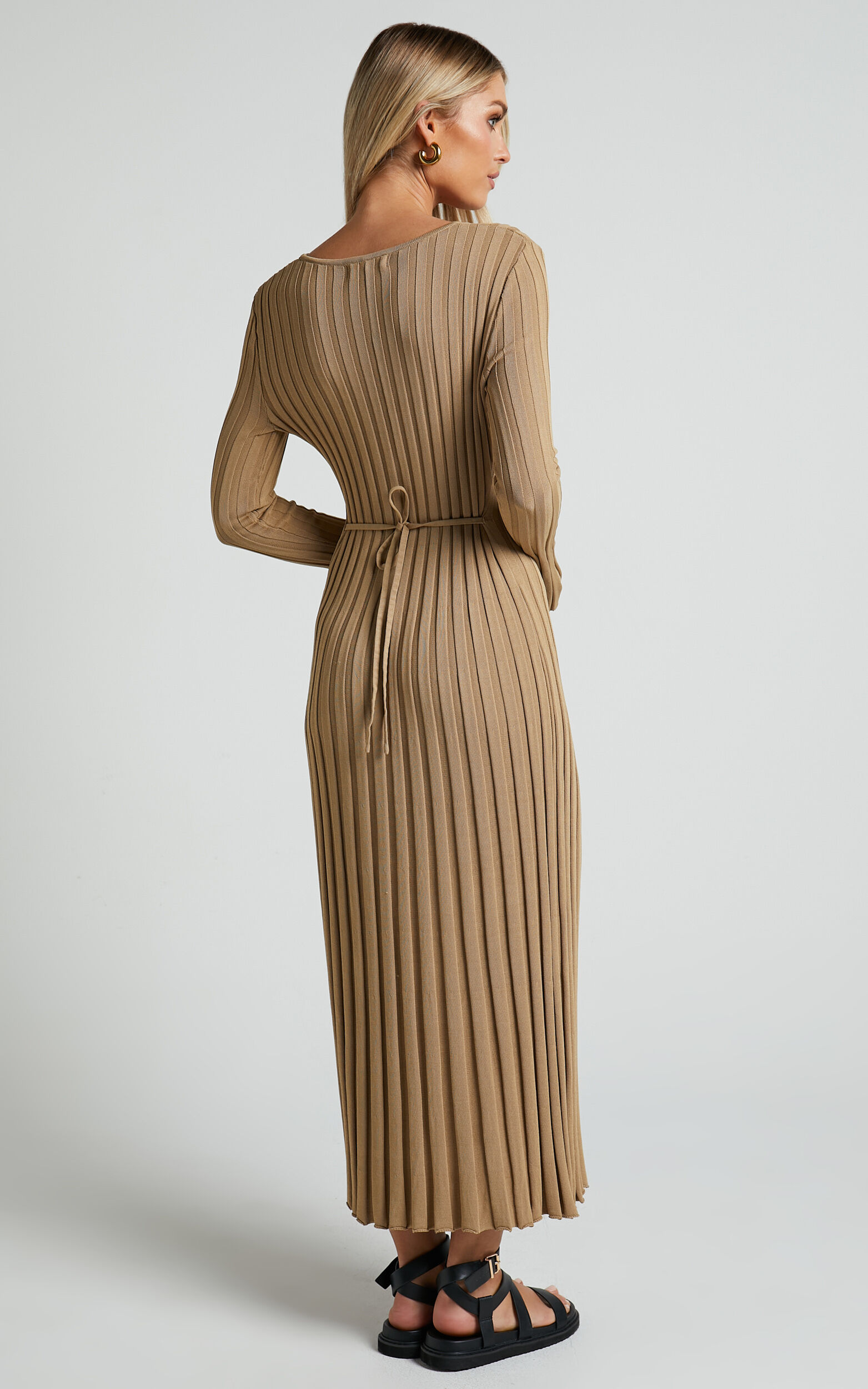 Blaire Midi Dress - Long Sleeve Tie Back Flare Dress in Roasted Cashew