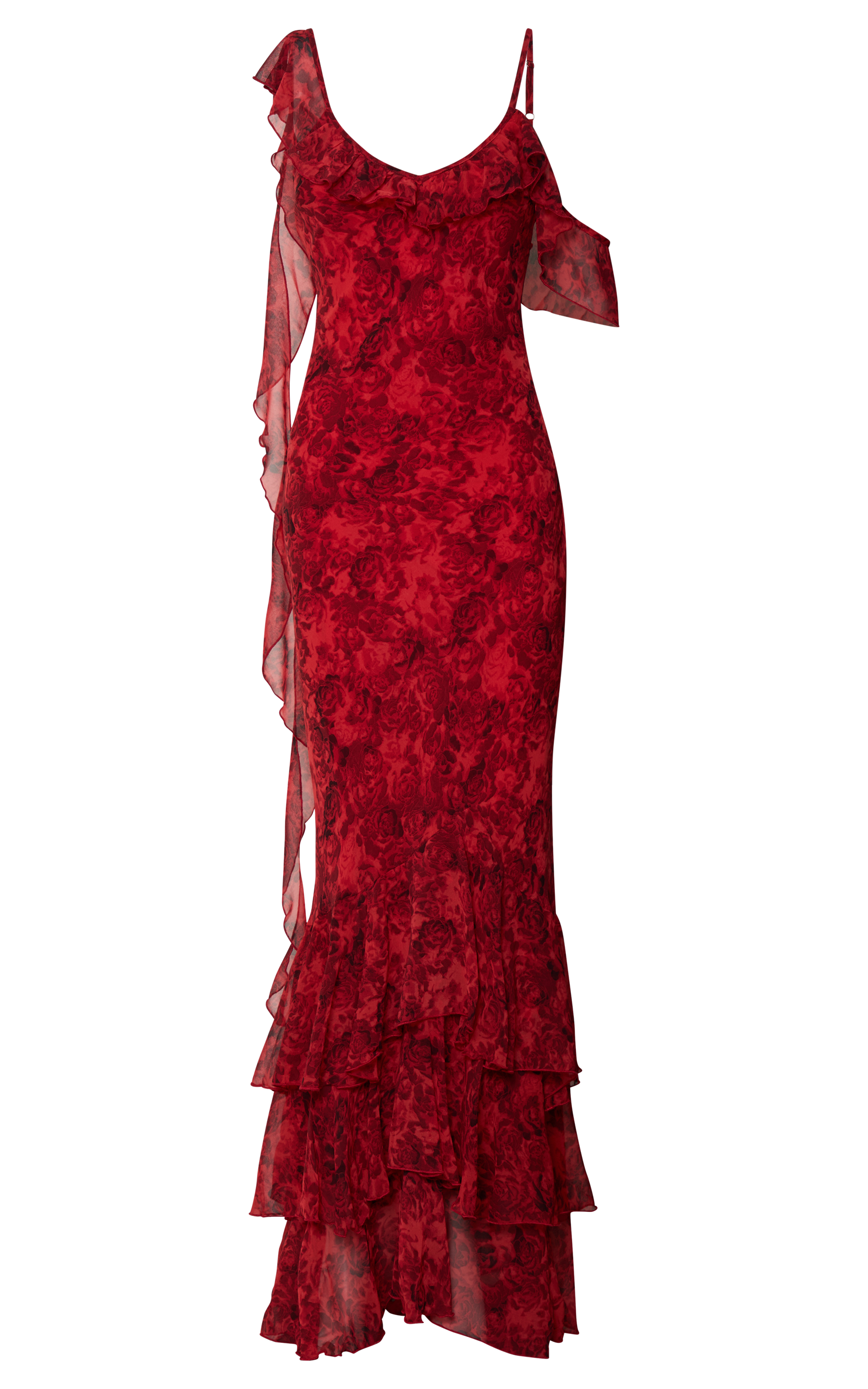 Riley Maxi Dress - Asymmetric Ruffle Detail Maxi Dress in Red Rose Print