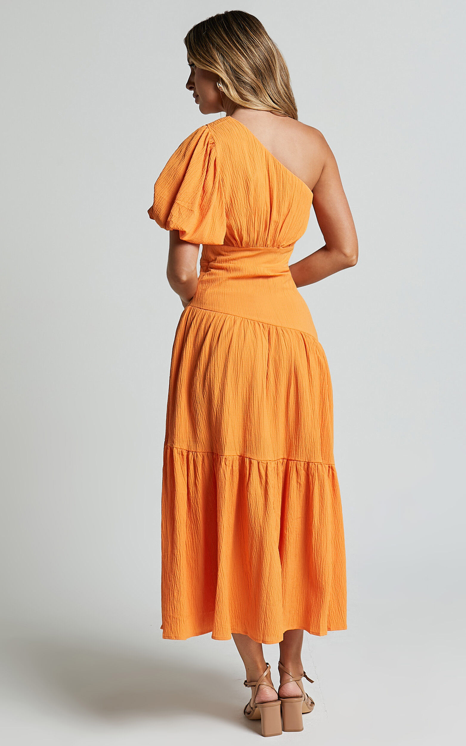 Ciara Midi Dress - One Shoulder Short Puff Sleeve Tiered Dress in Mango