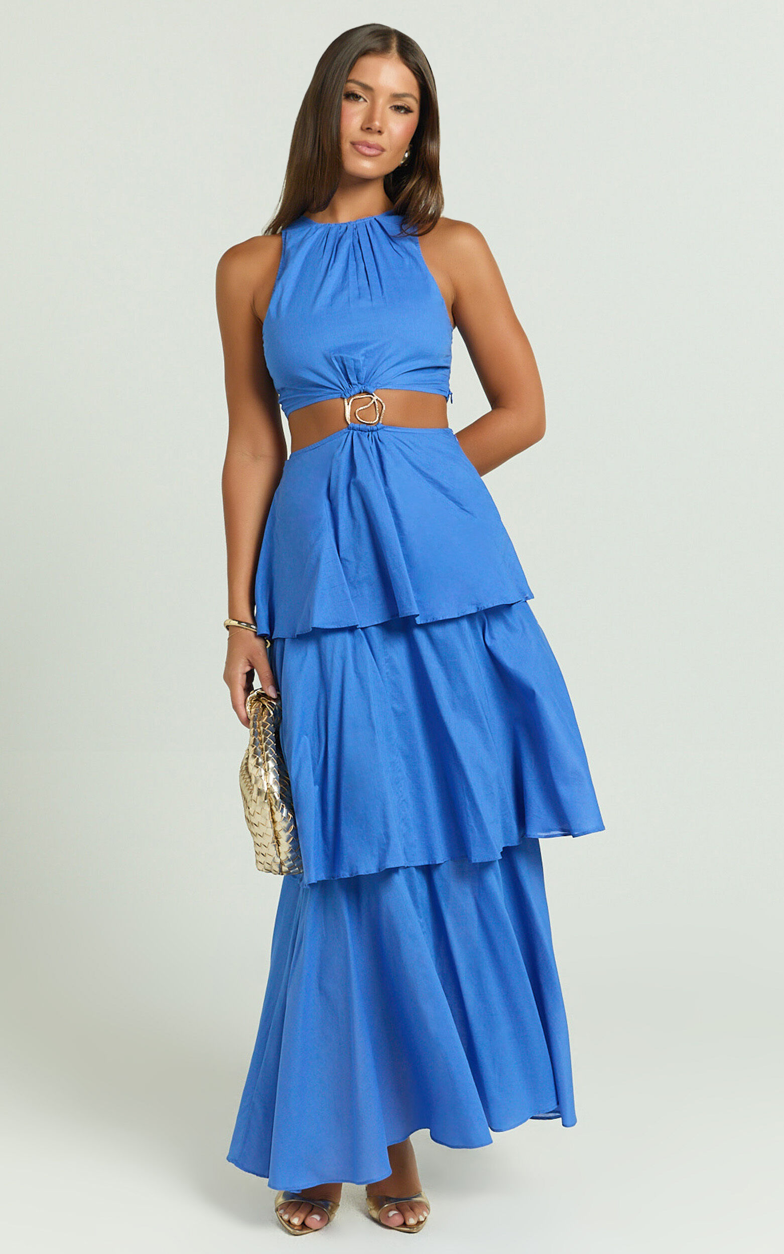 Elly Maxi Dress - Tiered Ruffle Cut Out Dress in Blue