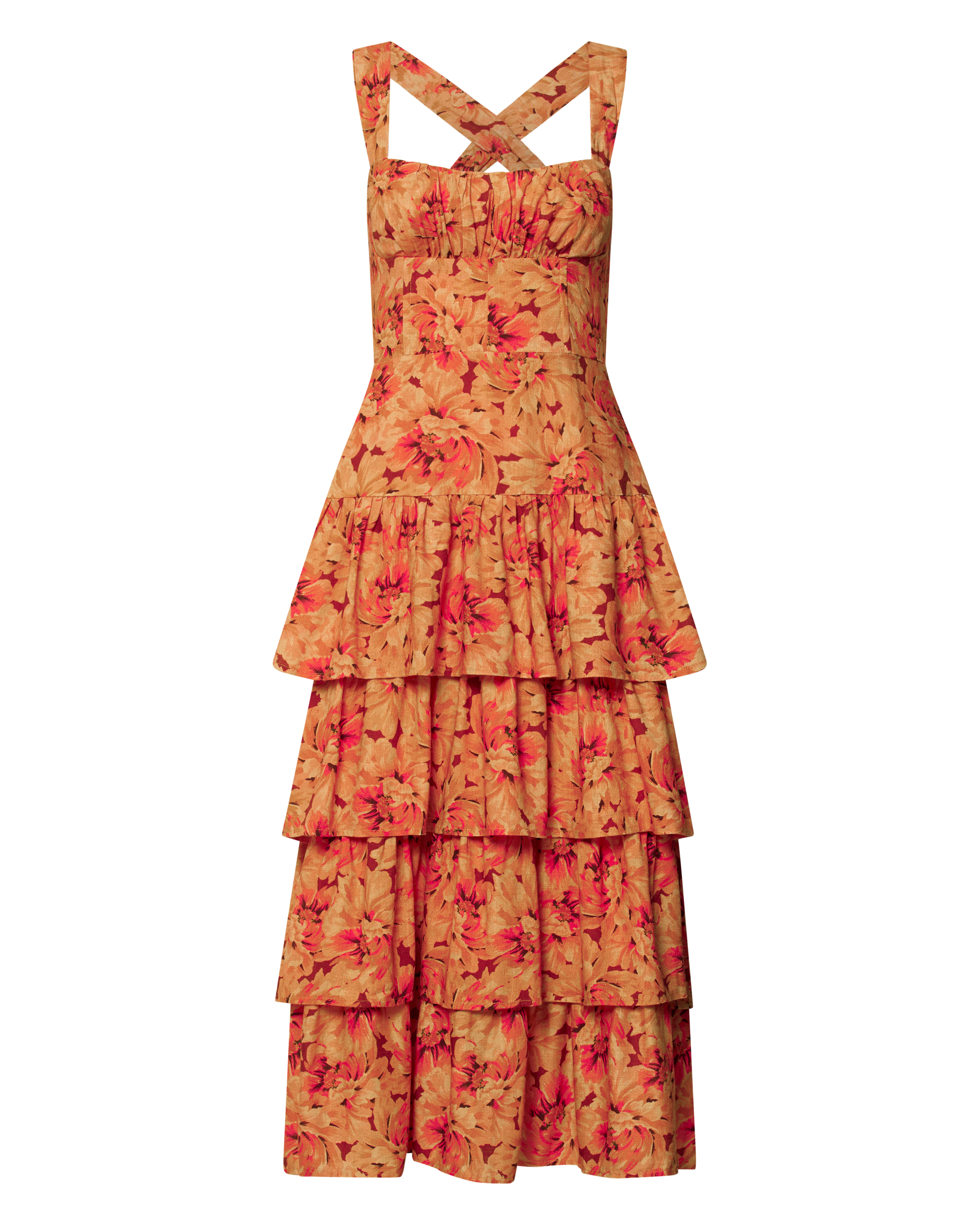 Amalie The Label - Adela Linen Look Blend Tiered Midi Dress in Valencia Print