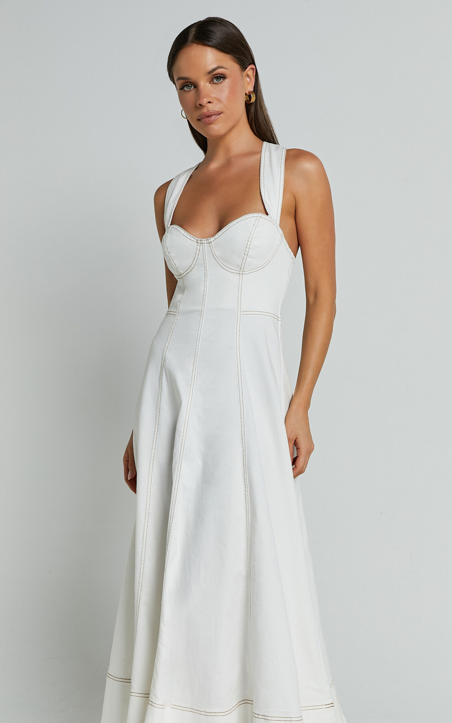 Edeline Midi Dress - Wide Strap Sweetheart Bust Dress in White