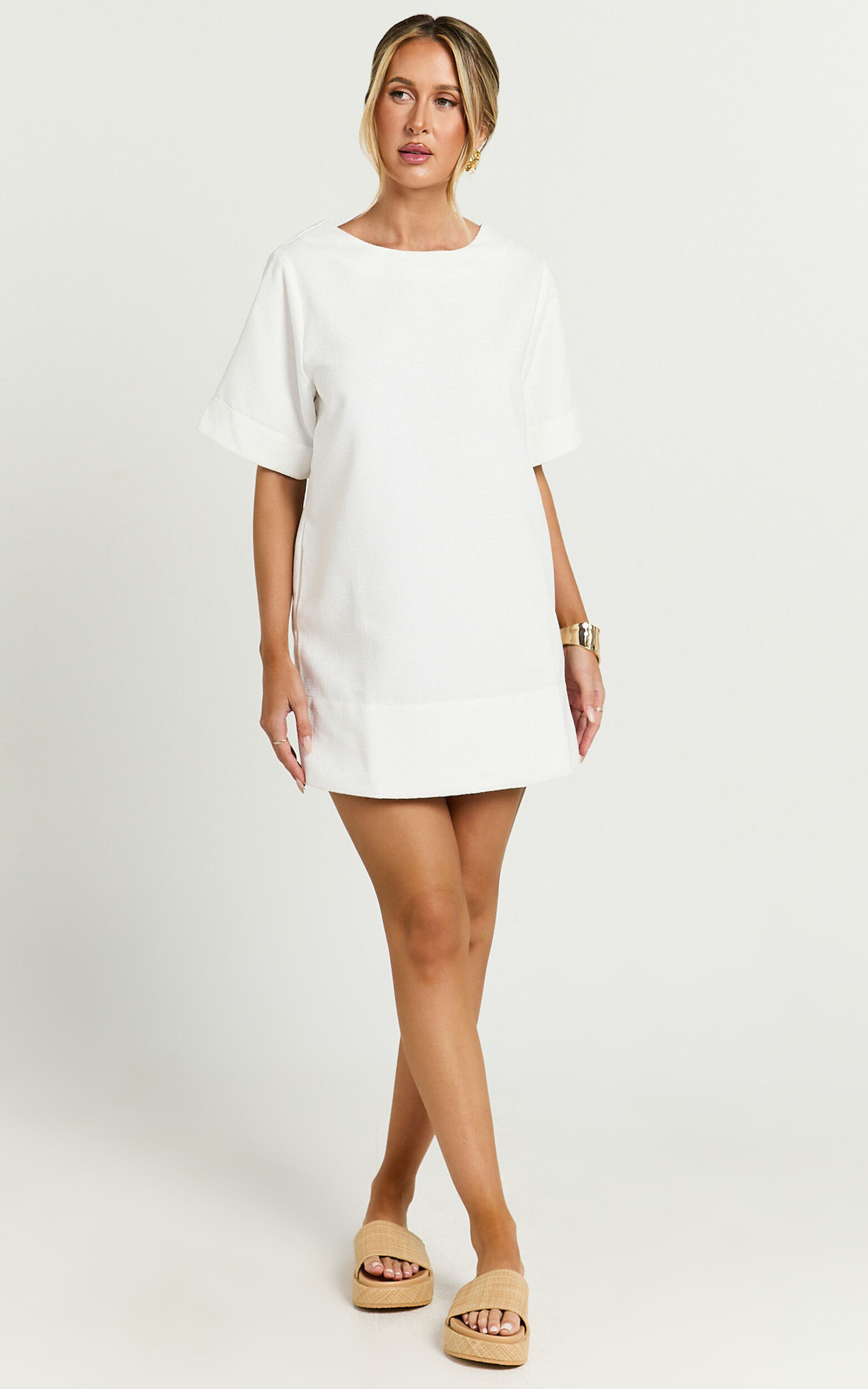 Shannon Mini Dress - Texture Tie Back Shift Dress in White