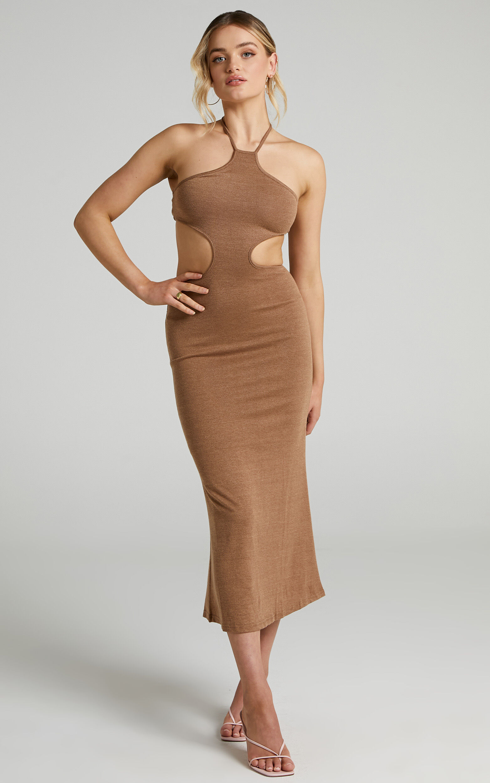 Saskia Midi Dress - Side Cut Out Dress in Chocolate