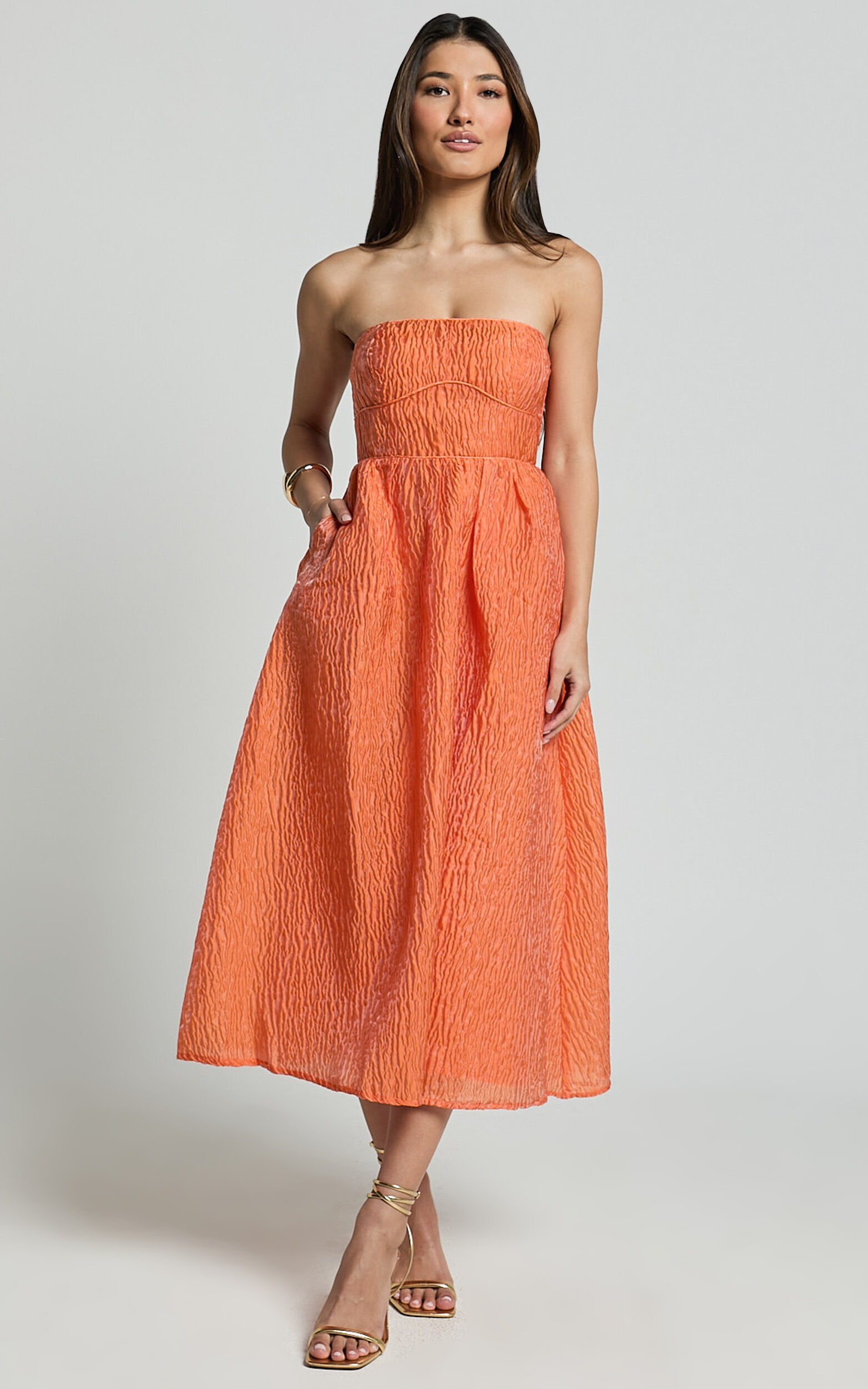 Remy Midi Dress - Strapless Bustier Flare Dress in Orange