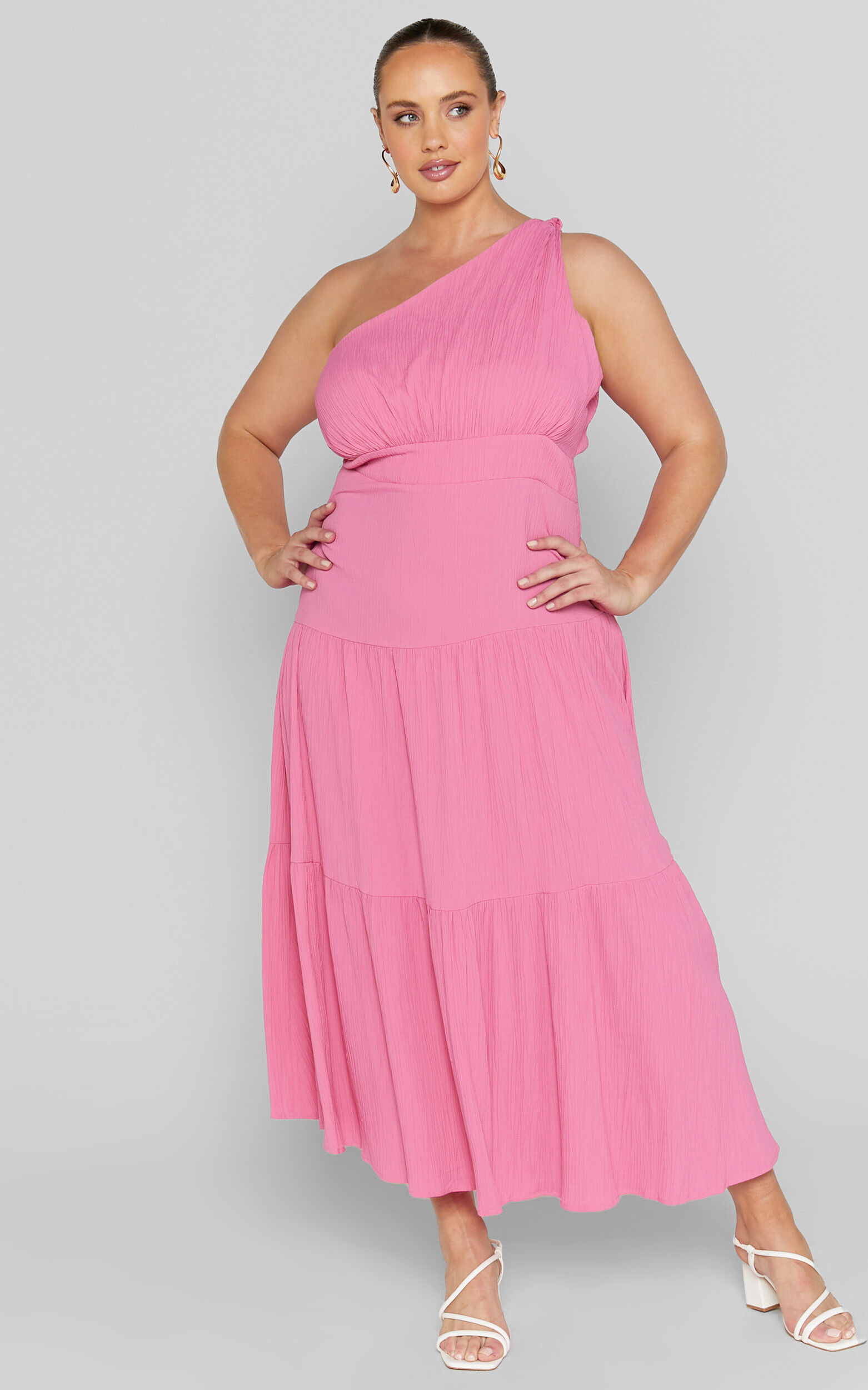 Celestia Midi Dress - Tiered One Shoulder Dress in Bright Pink