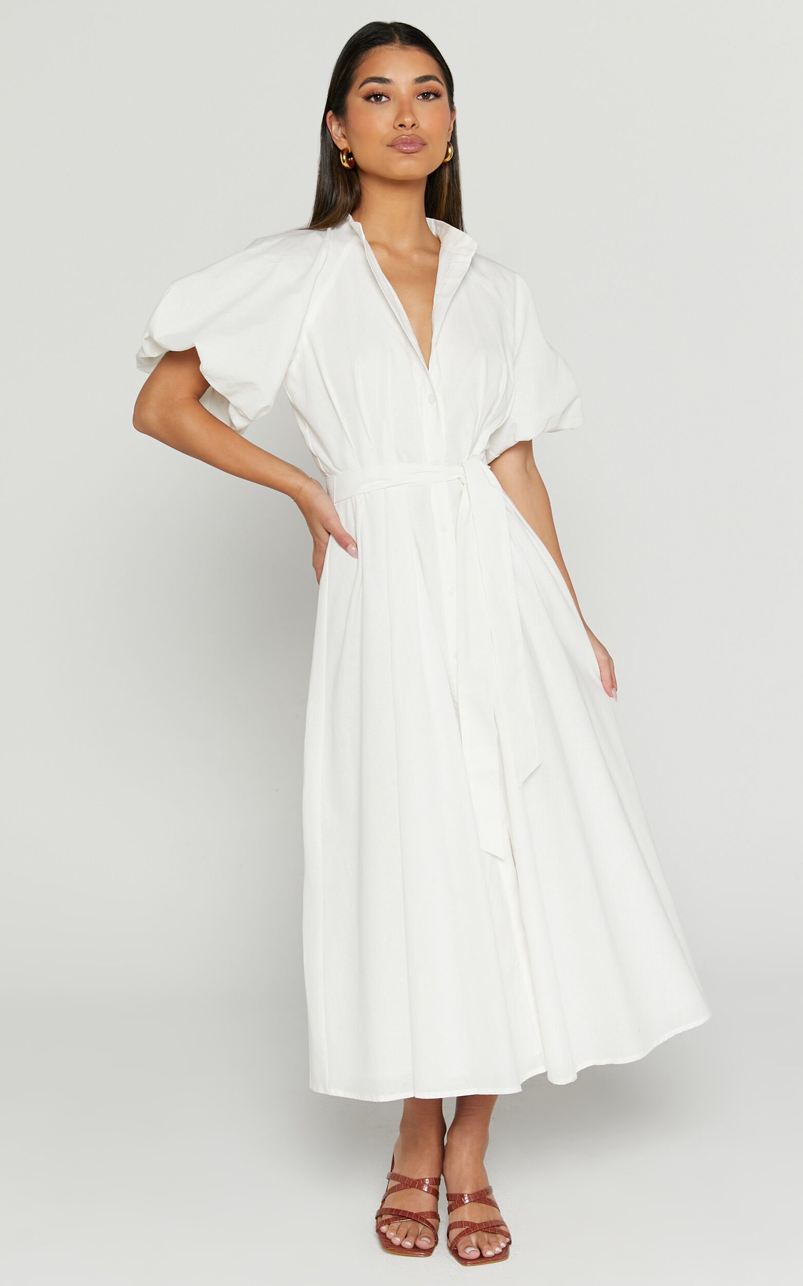 Sabrina Midi Dress - Linen Raglan Sleeve Belted Dress in White