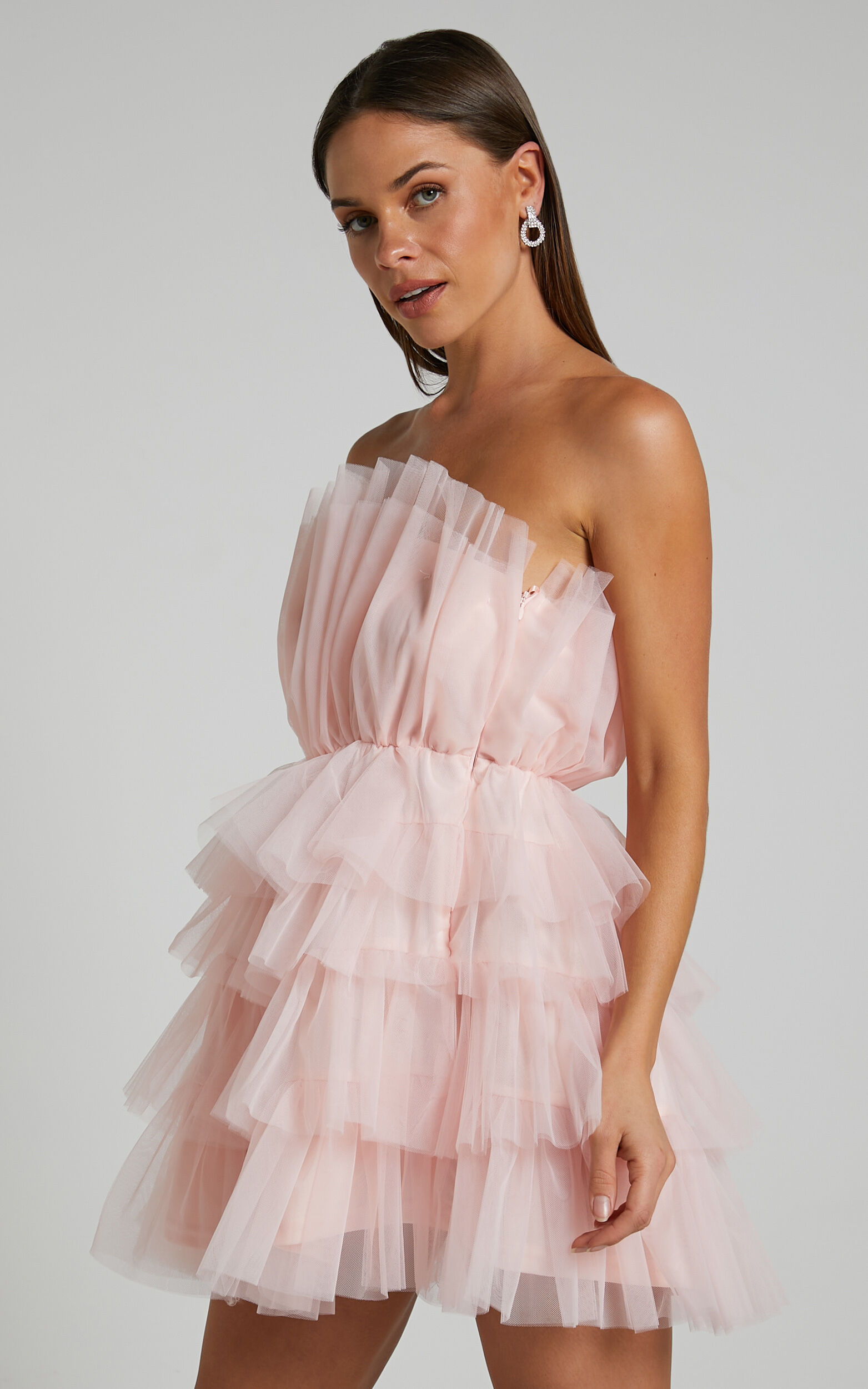 Allora Mini Dress - Tiered Tulle Fit and Flare Dress in Pale Pink