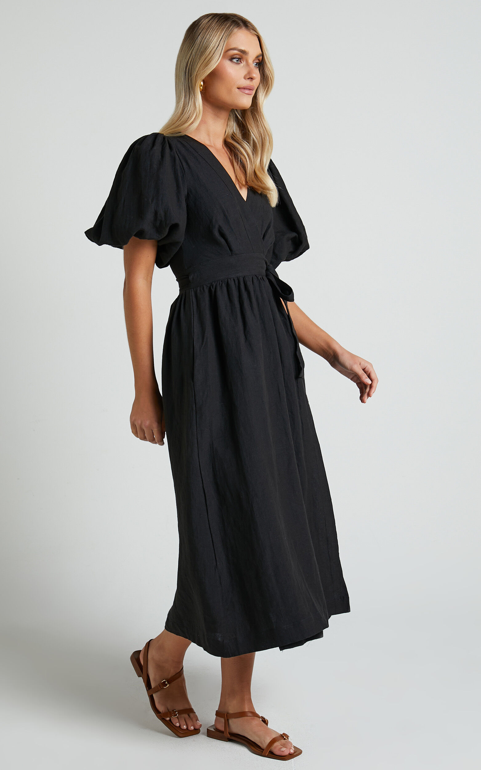 Amalie The Label - Franc Linen Puff Sleeve Wrap Midi Linen Dress in Black