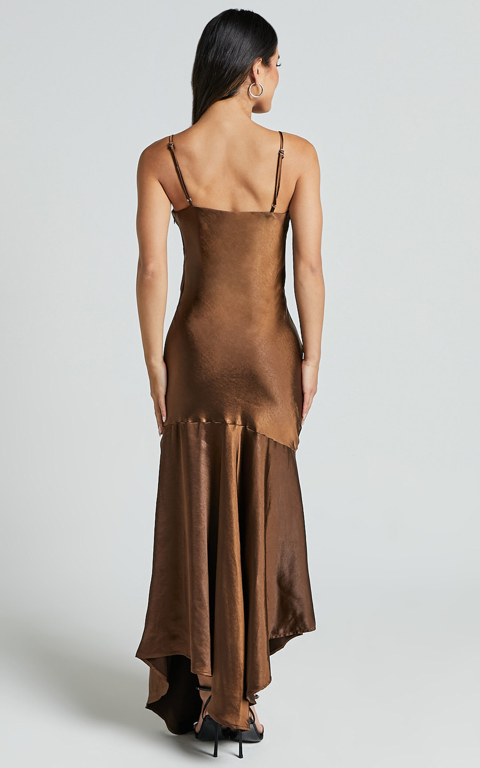 Etienne Midi Dress - Asymmetric Hem Satin Slip Dress in Chocolate