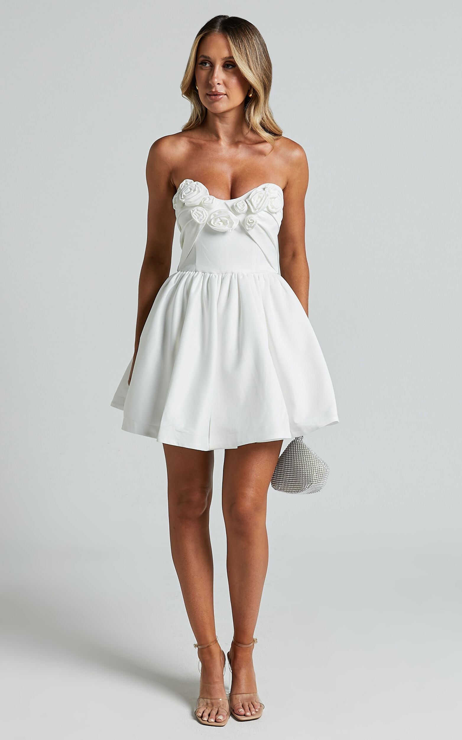 Angeletta Mini Dress - Sweetheart Rosette Detail Fit & Flare in White