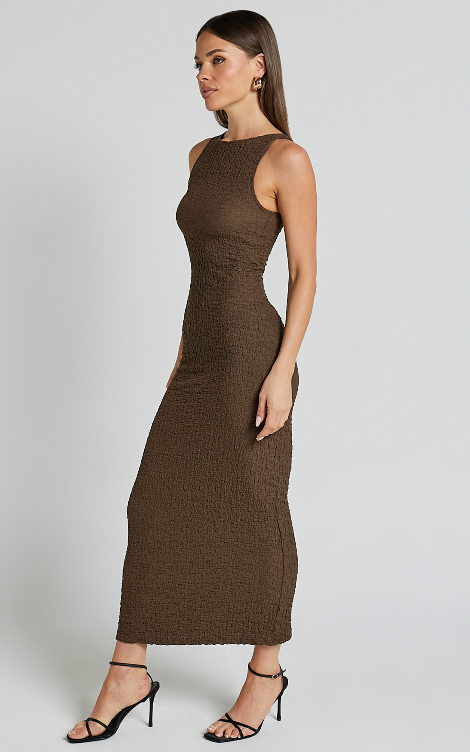 Alesia Maxi Dress - High Neck Sleeveless Bodycon Dress in Chocolate